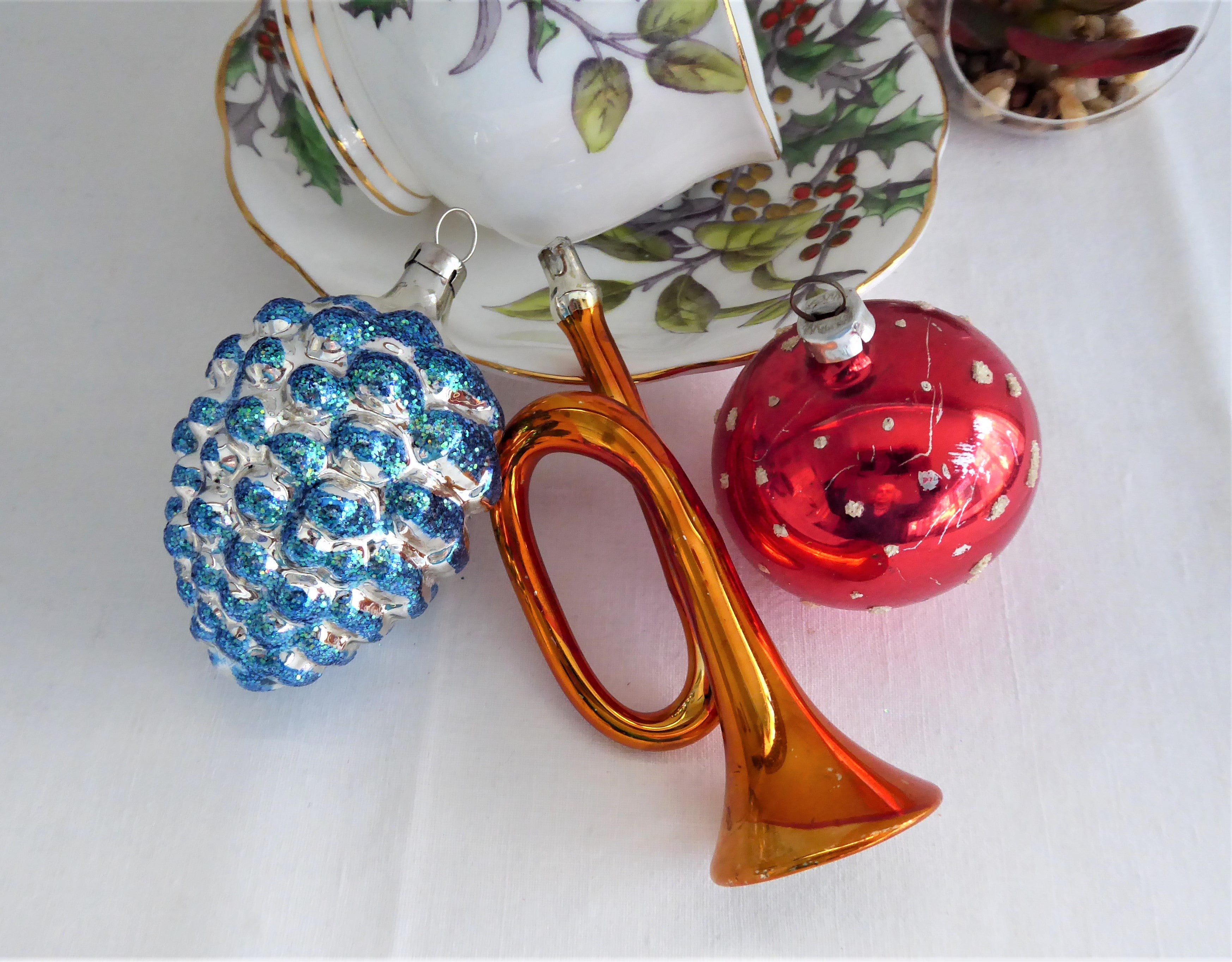 Vintage Trio Blown Glass Christmas Ornaments Set - Pinecone, Horn & Polka Dot Ball Decorations (Poland/West Germany 1970s) - Perfect for Holiday Tree Decor, Gift Giving & Vintage Collectibles