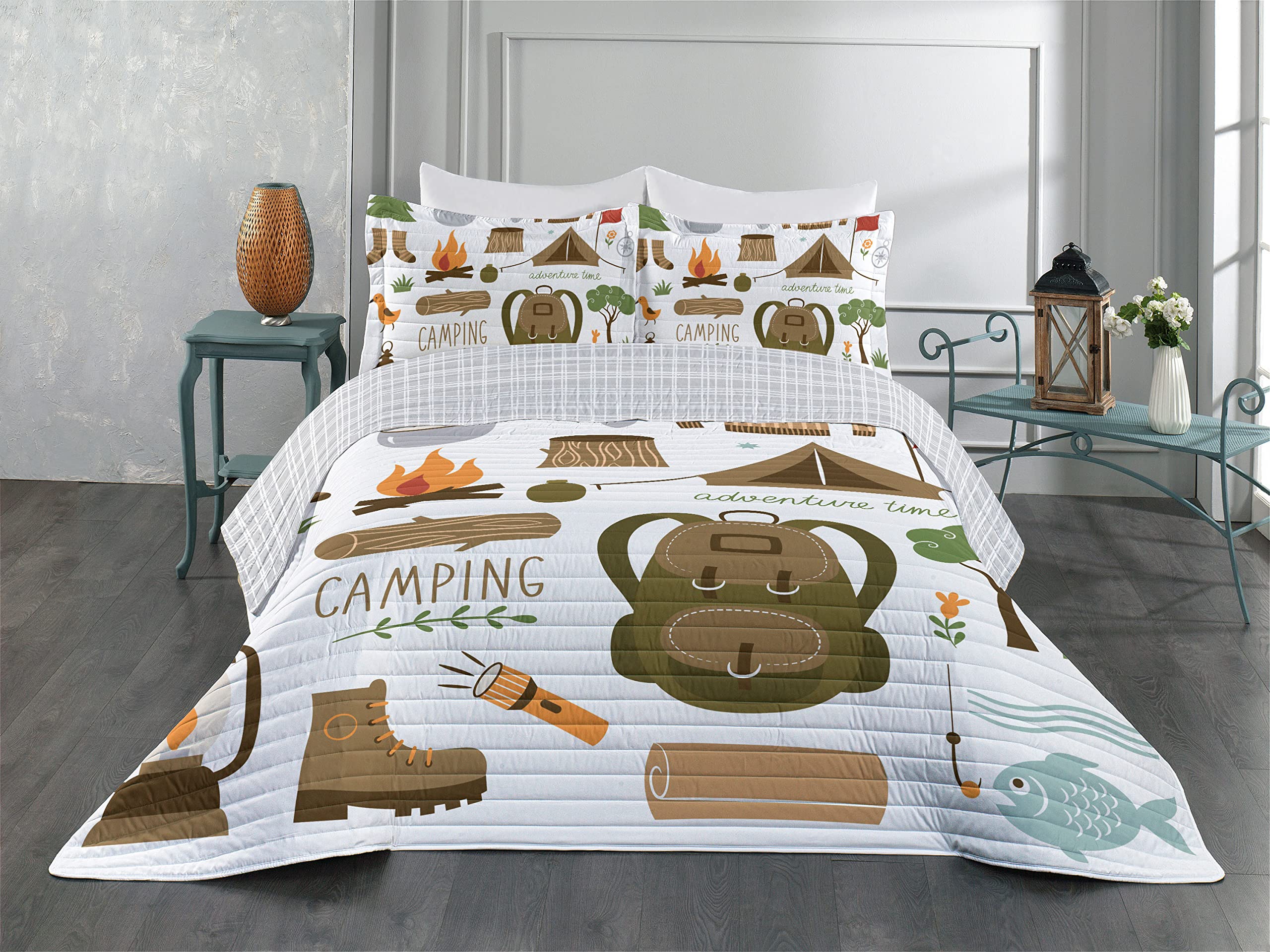 Ambesonne Adventure Reversible King Size Bedspread Set - Camping Theme Microfiber Comforter with Pillow Shams (Sepia Green Orange) - Perfect for Outdoor Enthusiasts & Cabin Decor