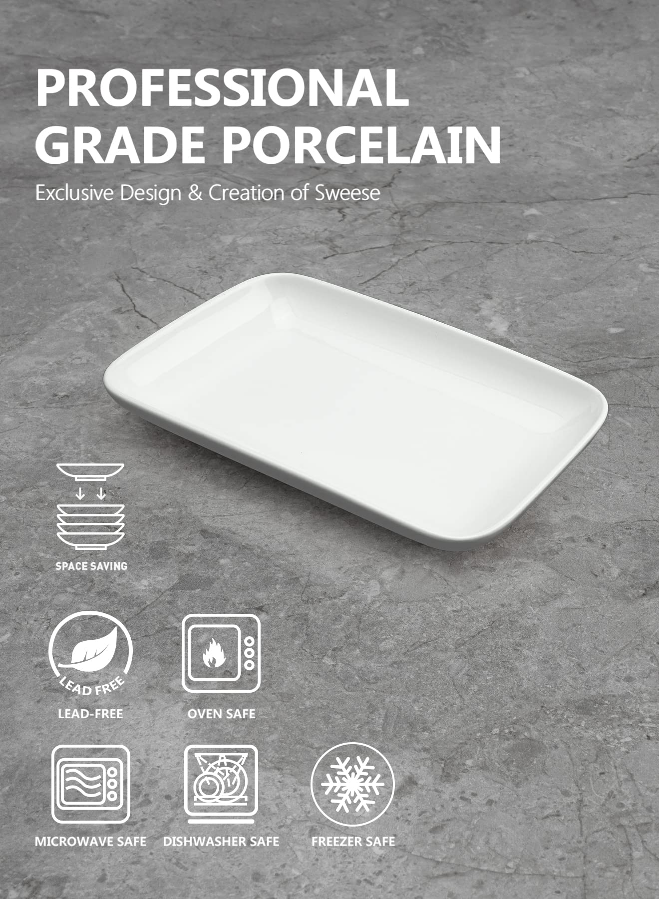 Sweese 8 Inch Rectangular Porcelain Salad Plates - Set of 6 Stackable White Serving Trays for Salad, Fruit, Sushi, Appetizers | Perfect for Dinner Parties, Picnics & Home Entertaining