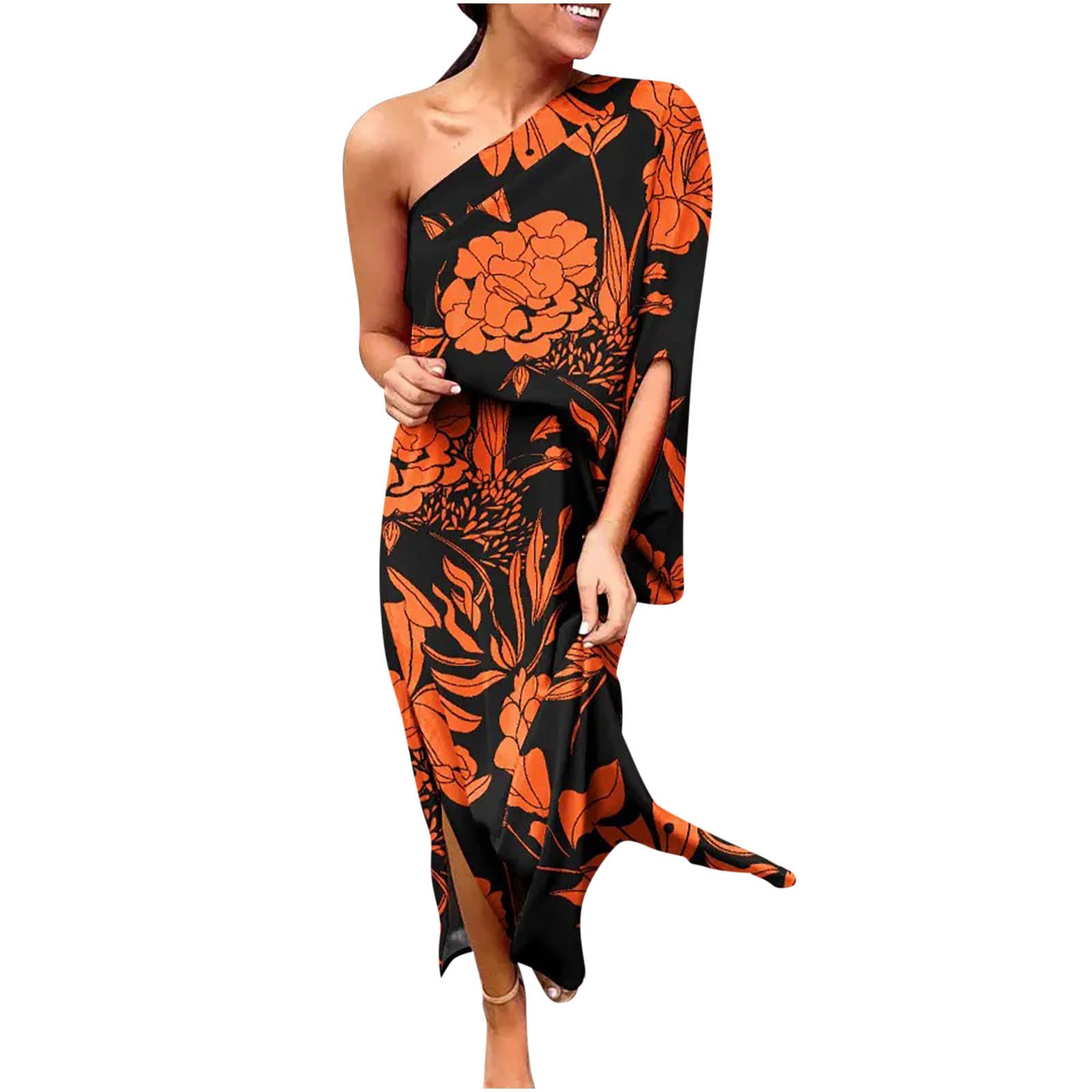 Blczomt Women's One Shoulder Floral Print Casual Dress - Short Sleeve Flowy Tunic with Side Slit, Summer Maxi Dress for Beach, Vacation & Evening Out
