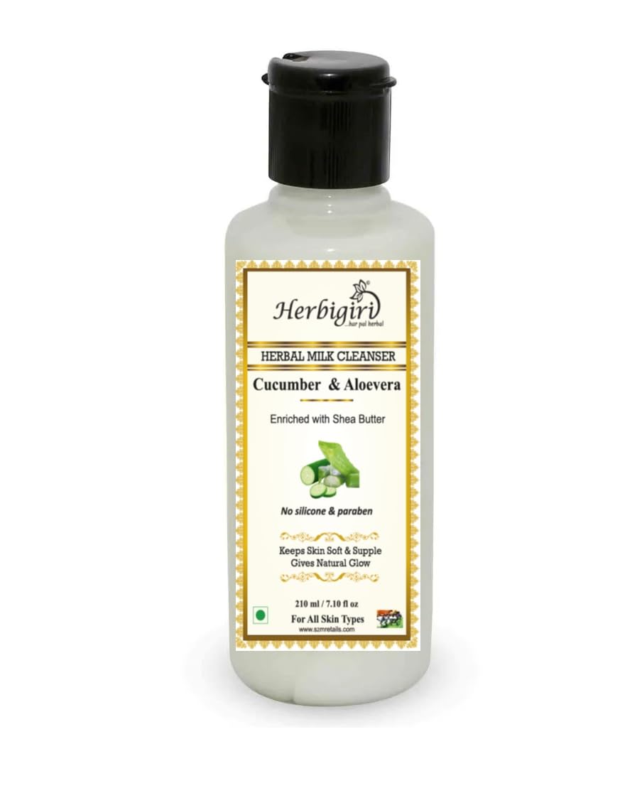 Herbigiri Herbal Cleansing Milk for Face - Whitening Cream with Shea Butter, Cucumber & Aloe Vera | Natural Face Wash & Moisturizer | Paraben-Free, Vegan | Suitable for All Skin Types | 210ml | Perfect for Daily Skincare Routine & Makeup Removal