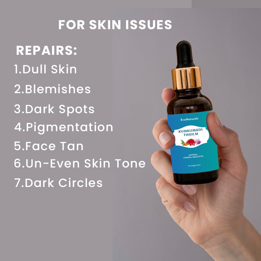 EvaNaturals Kumkumadi Tailam - 30ml Ayurvedic Face Oil for Skin Whitening, Brightening, Anti-Aging & Texture Improvement | Natural Herbal Beauty Treatment for Glowing Skin | Perfect for Night Routine & Dry Skin Care