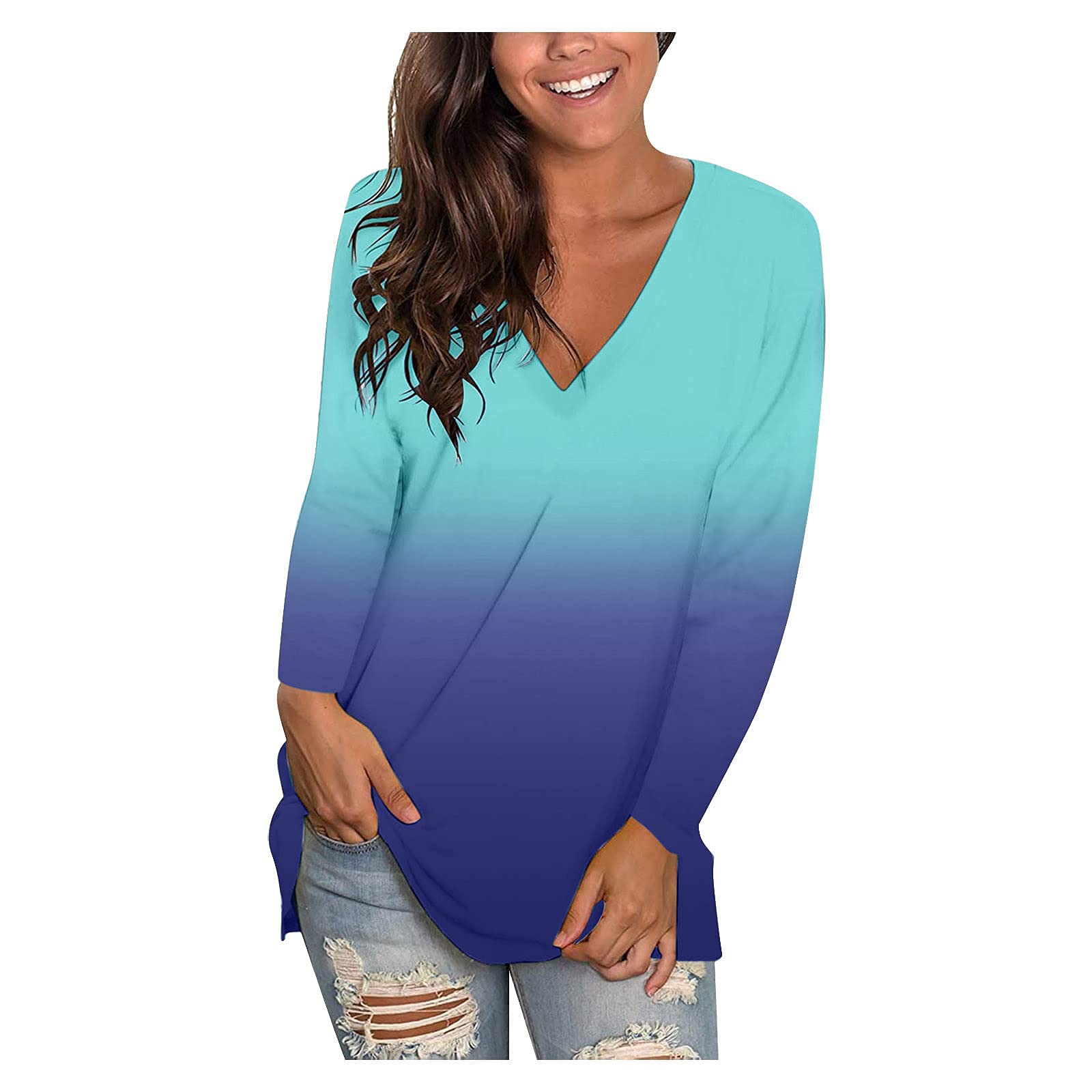 Women's Fashion Gradient Long Sleeve Blouse - Sexy V-Neck Casual T-Shirt for Fall | Perfect for Office Wear, Date Nights & Autumn Outfits