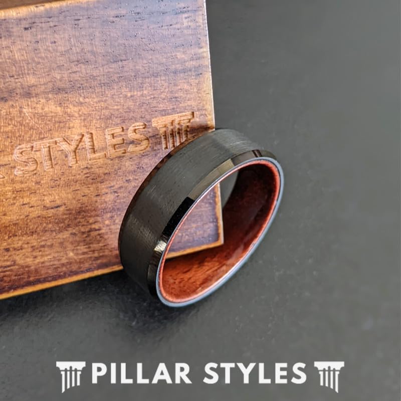 Men's Black Wood Wedding Band - 8mm Tungsten Ring with Rose Wood Inlay & Beveled Edges - Unique Nature-Inspired Anniversary Gift for Him - Perfect for Outdoor Weddings, Vow Renewals & Nature Lovers