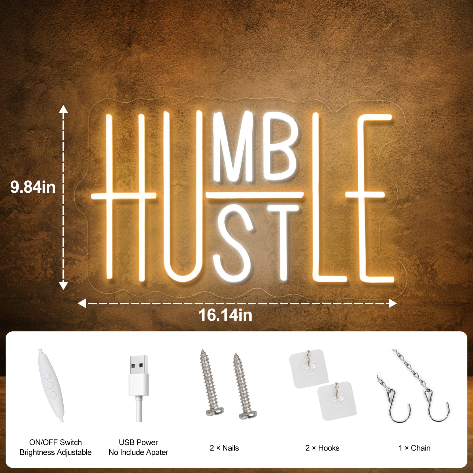 Hustle LED Neon Sign - USB Wall Decor for Office, Gym & Man Cave
