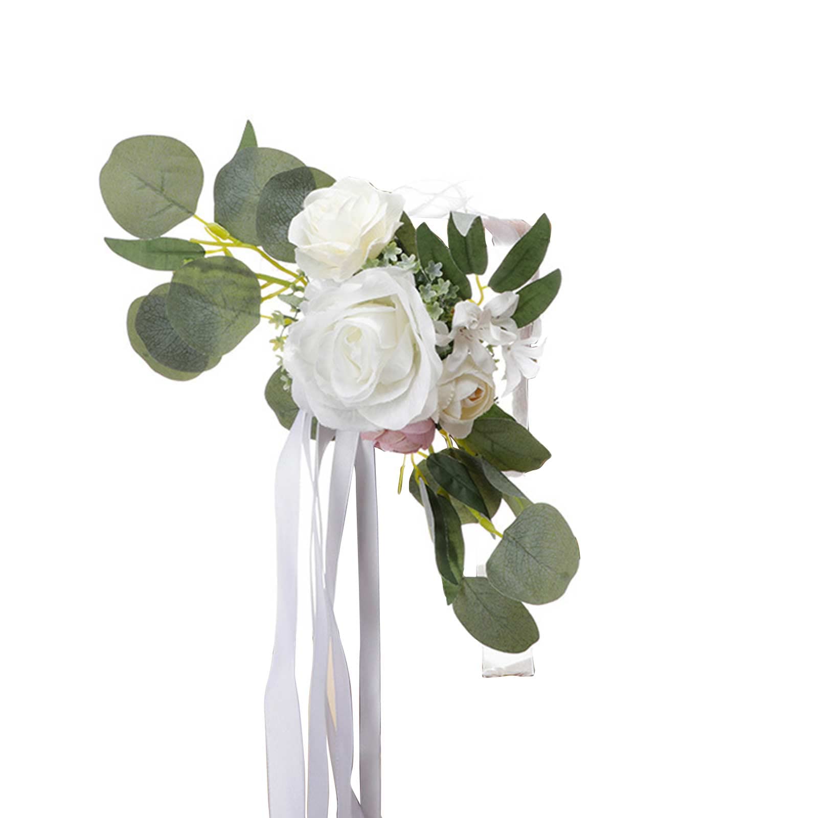 6 Pack Artificial Flower Arrangements for Wedding Chair Back Decor - Handmade Silk Bridal Bouquets with Eucalyptus Ribbons - Perfect for Wedding Aisle, Ceremony, Reception & Party Decorations