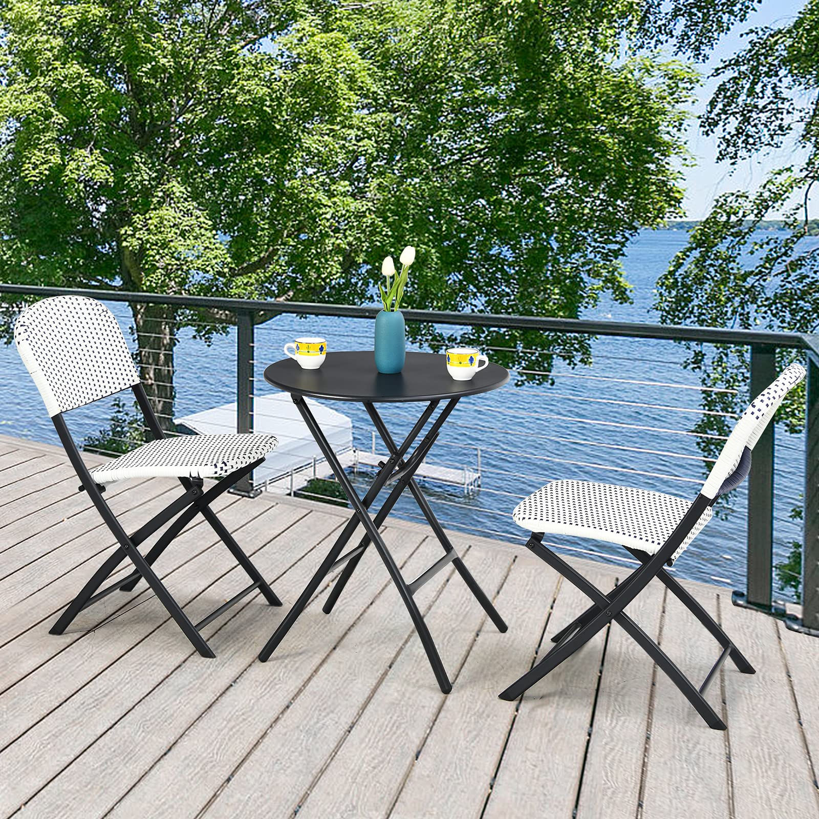Giantex 3-Piece Patio Dining Set - Folding Bistro Table with 2 Rattan Chairs, Metal Frame Indoor/Outdoor Furniture for Garden, Balcony, Porch, Yard, Lawn & Poolside (White & Black) - Perfect for Outdoor Entertaining, Relaxing & Dining Al Fresco