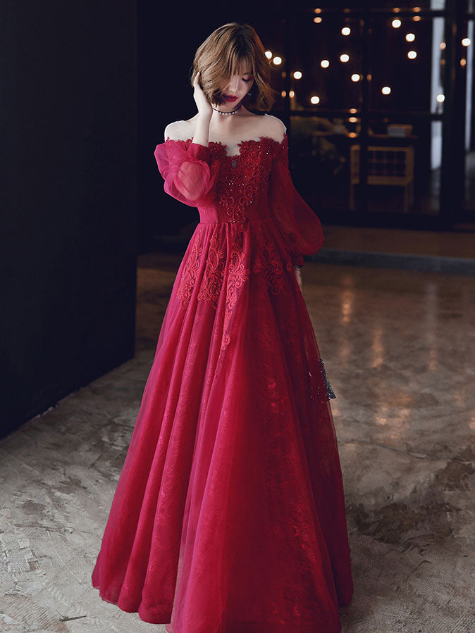 Elegant Red A-Line Tulle Lace Long Prom Dress for Women - Formal Evening Gown for Homecoming, Ball, Wedding & Special Occasions