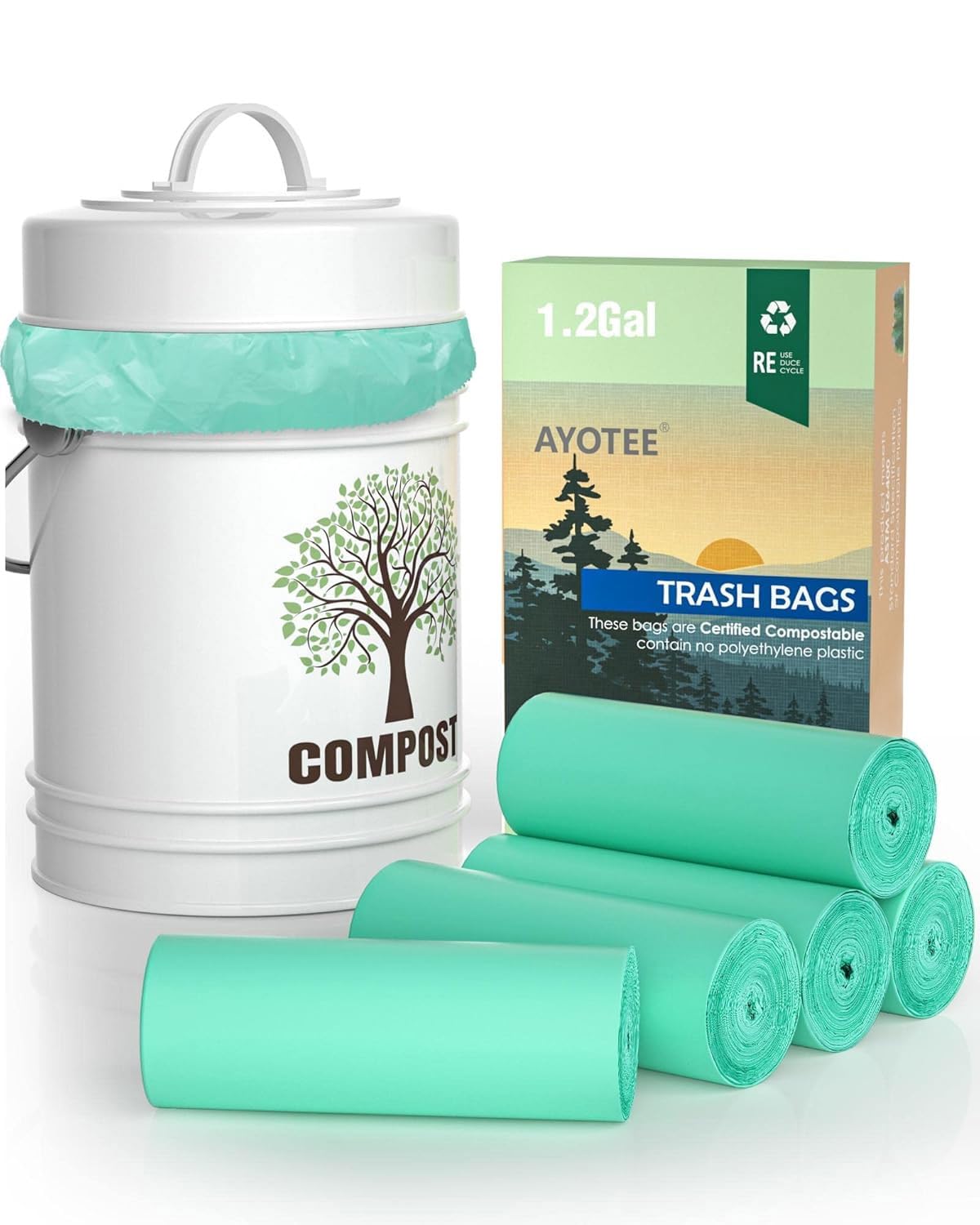 AYOTEE 100% Biodegradable Compost Bags 1.2 Gallon (125 Count) - ASTM Certified Small Trash Bags for Kitchen Countertop, Bathroom, Office & Travel - Eco-Friendly Waste Solution for Food Scraps & Organic Waste