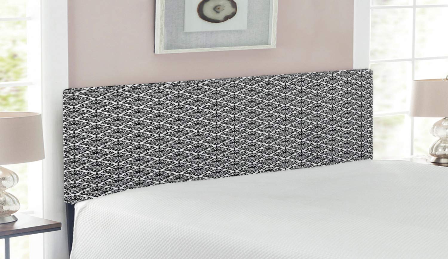 Ambesonne Queen Size Upholstered Metal Headboard - Black & White Damask Floral Design with Memory Foam | Decorative Bed Headboard for Master Bedroom, Guest Room & Home Decor