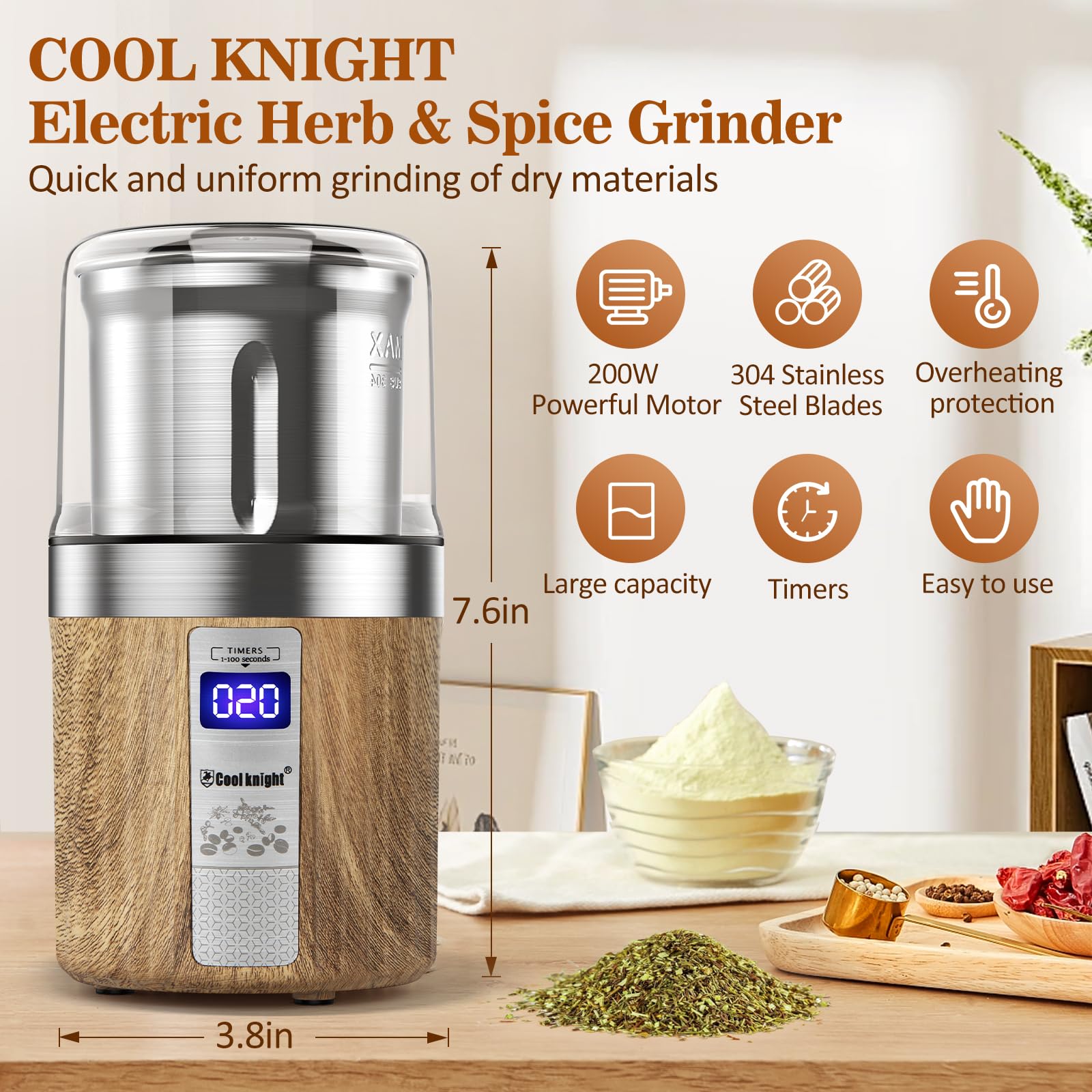 COOL KNIGHT Electric Herb Grinder - 304 Stainless Steel Blades & Removable Bowl for Spices, Coffee Beans, Herbs - Large Capacity with Timer - Perfect for Kitchen, Baking & Coffee Brewing