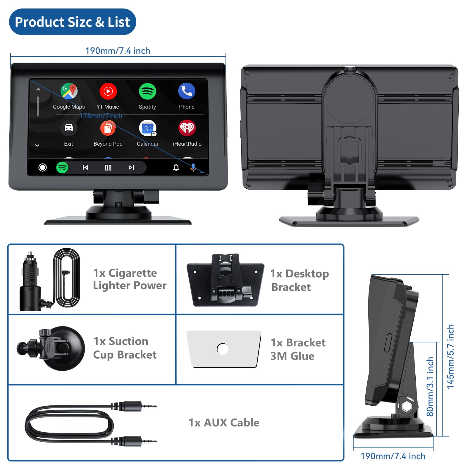 LAMTTO 7 Inch HD Touch Screen Portable CarPlay & Android Auto Car Stereo with Bluetooth 5.0, AirPlay & GPS Navigation - Perfect for Hands-Free Calling, Music Streaming & Safe Driving