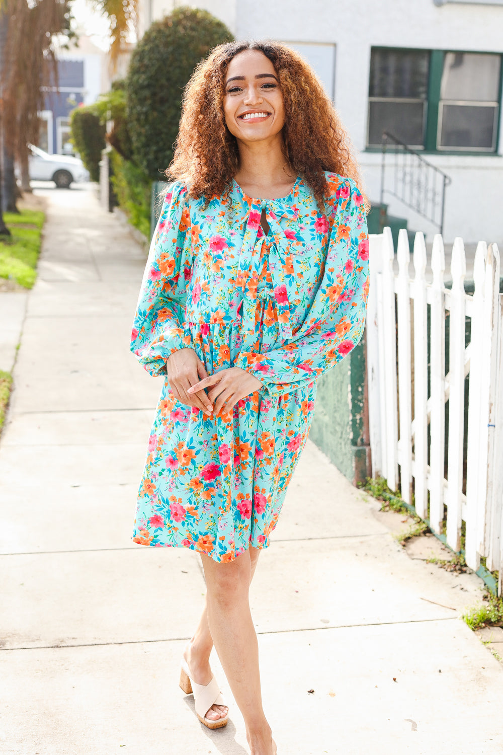 Feeling Femme Aqua Floral Ribbon Bow Tie Babydoll Dress - Elegant Summer Party Outfit for Women, Perfect for Weddings, Date Nights & Beach Vacations