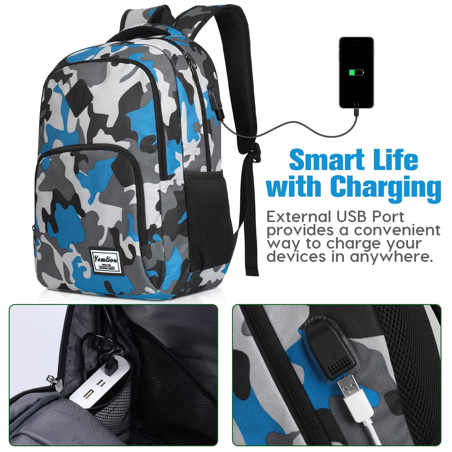 17 Inch School Backpack for Teen Boys & College Students - Durable Bookbag with USB Charging Port & Camouflage Blue Design - Perfect for High School, College, Travel & Daily Commute