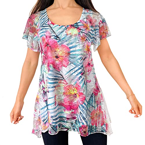 Flutter Short Sleeve - Bright Colorful Tropical Floral/White Stretch Lace