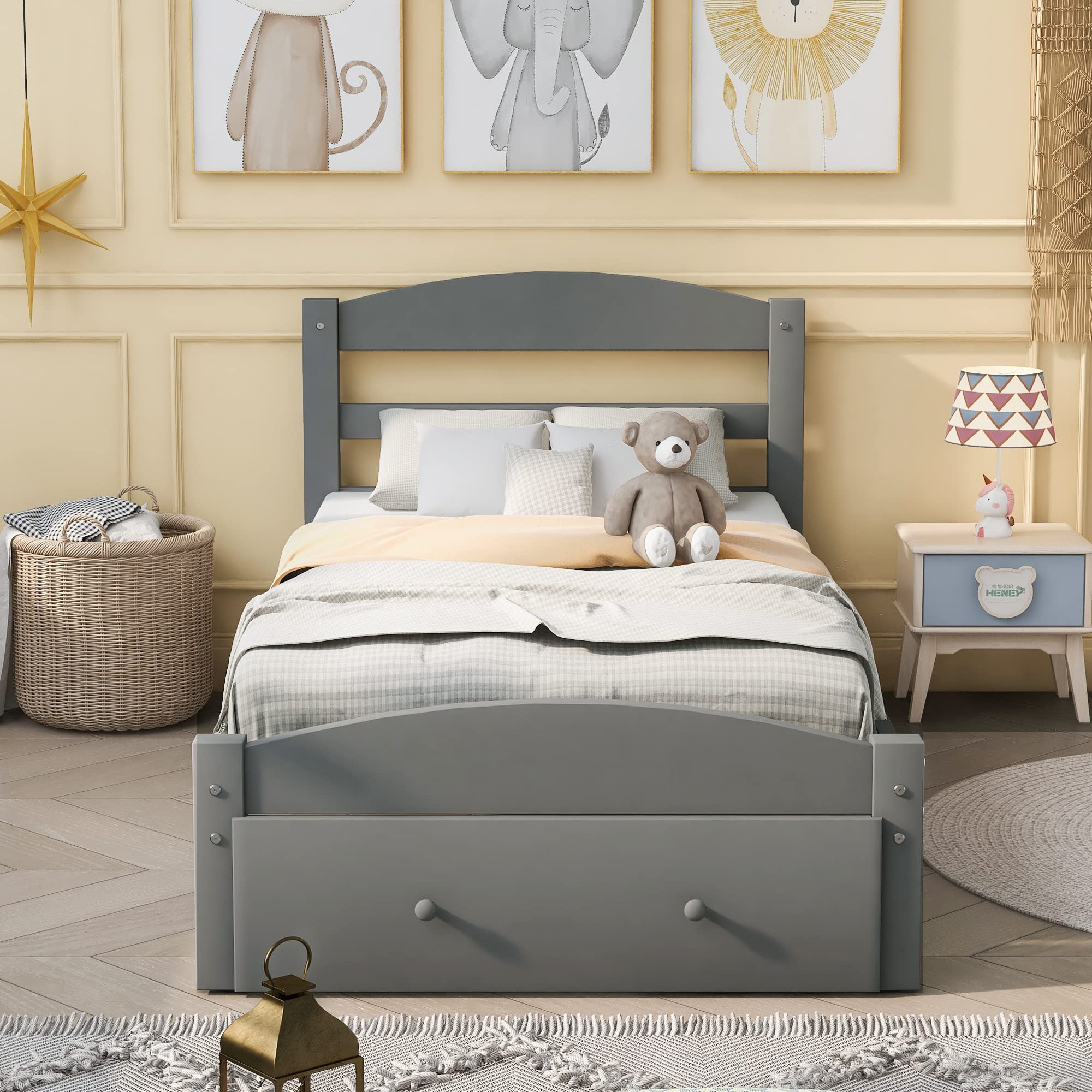 Rhomtree Twin Size Wood Platform Bed Frame with Storage Drawers & Wood Slat Support - No Box Spring Needed - Grey Kids Captain Bed with Headboard & Footboard | Perfect for Children's Bedroom, Guest Room or Daybed Use