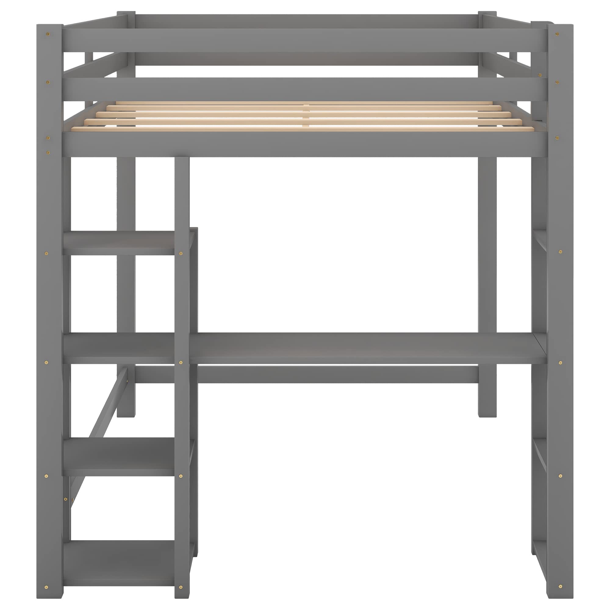 SOFTSEA Full Size Loft Bed with Storage Shelves & Under Bed Desk - Solid Wood Space Saving Bed Frame for Kids, Teens & Juniors - Grey - Perfect for Small Bedrooms, Dorm Rooms & Studio Apartments