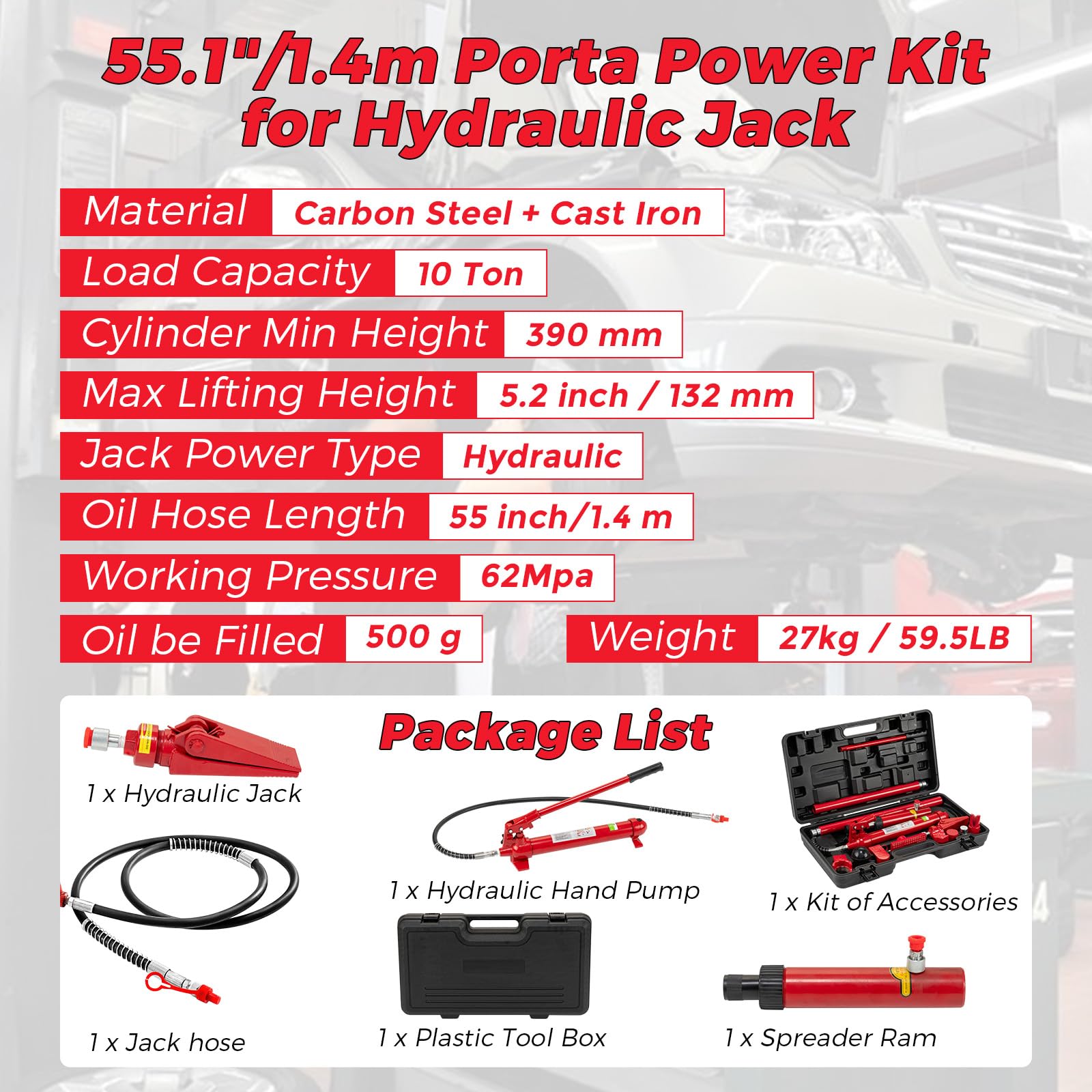 12 Ton Porta Power Hydraulic Jack Kit with 4.5ft Oil Hose - Heavy Duty Auto Body Repair Tool for Cars, Trucks & Farm Equipment - Includes Storage Case for Garage & Workshop Use