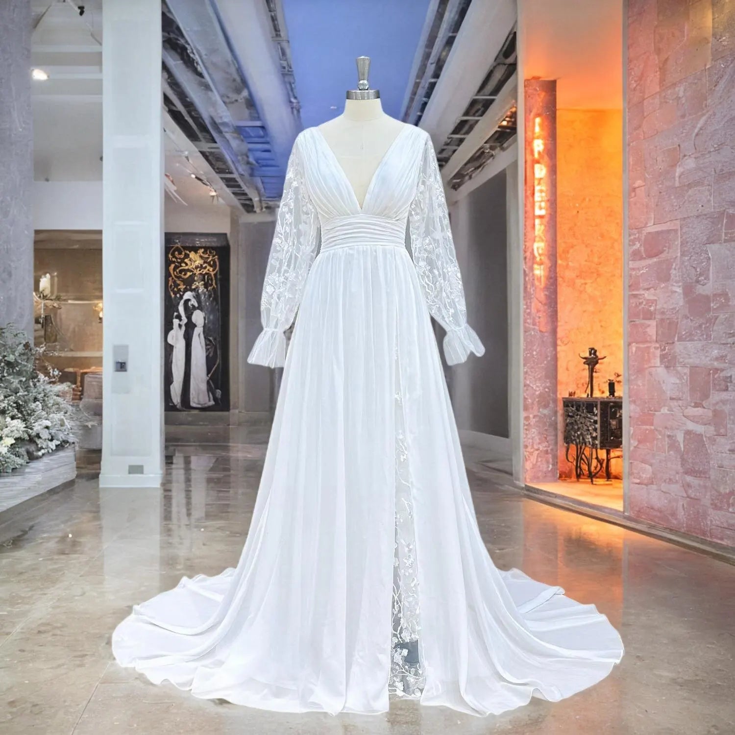 Elegant Lace Chiffon Beach Wedding Dress with Deep V Neck & High Slit - Perfect for Destination Weddings, Beach Elopements & Boho Bridal Photoshoots