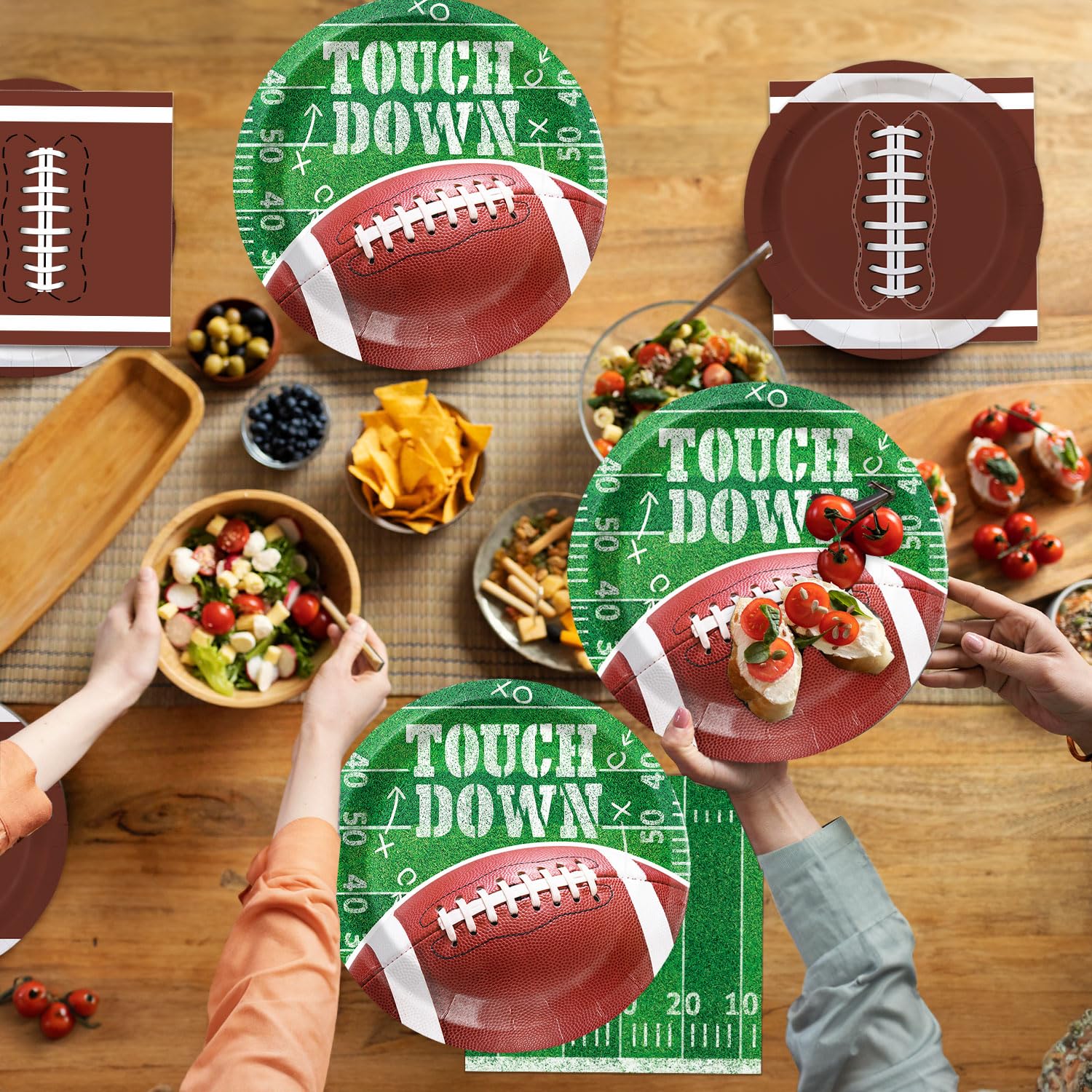 Football Party Supplies Kit for 50 Guests - Touchdown Dinner Plates, Dessert Plates & Napkins Set - Green, White & Brown - Perfect for Game Day Tailgates, Sports Events & Football Themed Parties