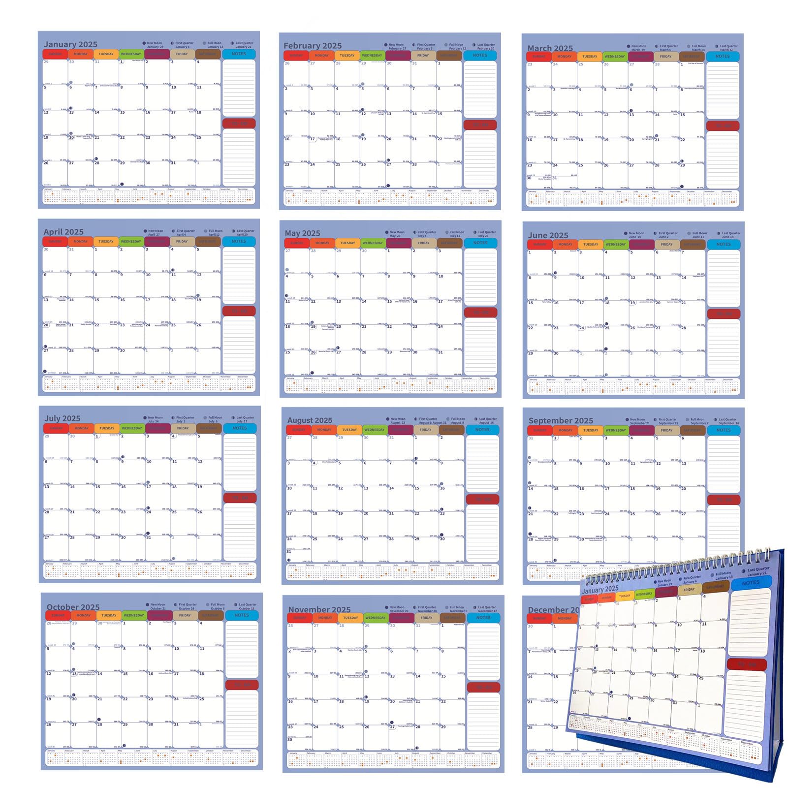 2025 Small Standing Flip Desk Calendar - January to December with To Do List, Julian Dates & US Holidays | Moon Phases Tracking | Perfect for Office, Home & School Organization