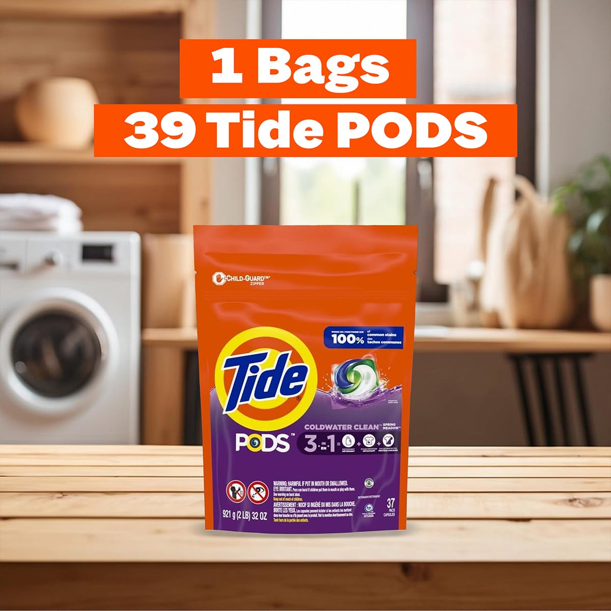 TIDE PODS Laundry Detergent Soap Pacs - Spring Meadow Scent, 3-in-1 Powerful Clean, HE Compatible, 39 Count (Pack of 1) | Fresh Scent for Clothes, Perfect for HE Washers, Ideal for Family Laundry & Stain Removal