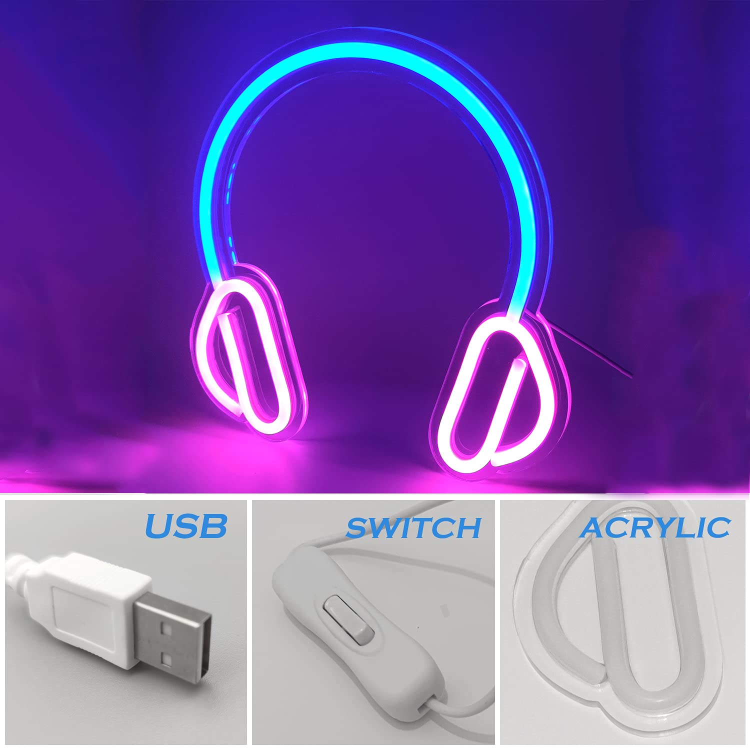 Vibrant LED Neon Headset Sign - USB/Battery Powered Wall Light for Gaming Room, Bedroom, Christmas, Halloween & Birthday Party Decor (NE-3) - Perfect for Gamers, Music Lovers & Night Light Enthusiasts