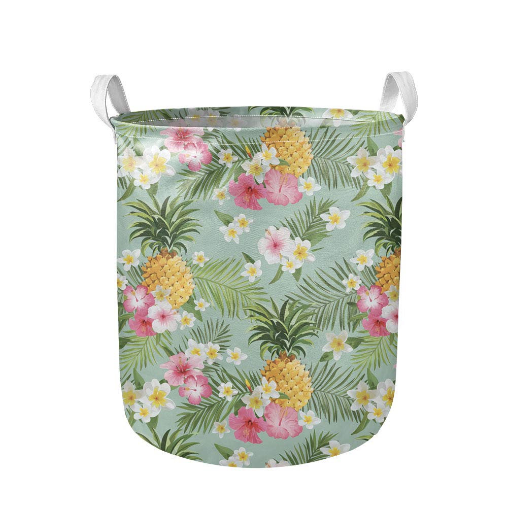 Tropical Pineapple Floral Print Laundry Hamper with Handles - Foldable Nursery Laundry Basket for Girls, Woven Baby Clothes Organizer for Blankets & Toys, Collapsible Canvas Storage Bin for Bedroom, Bathroom & Nursery Organization