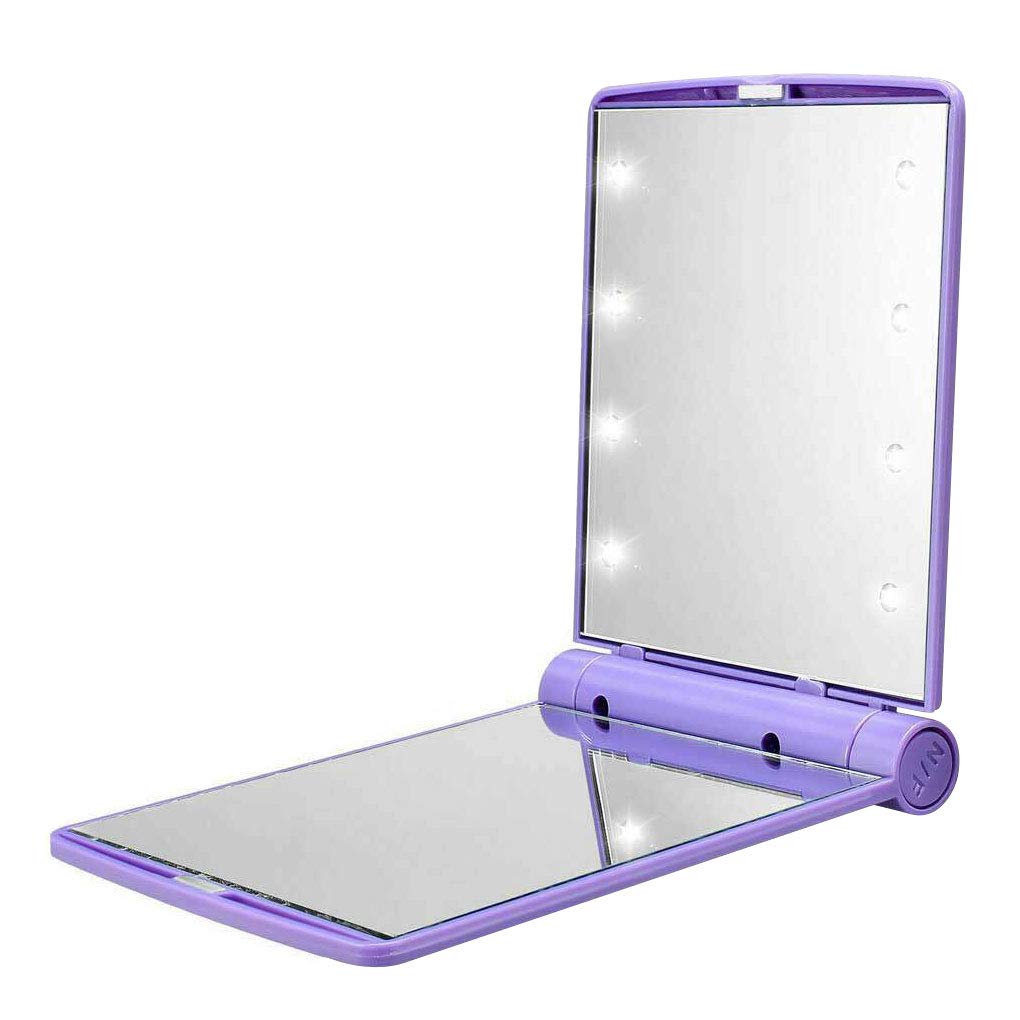 Mpowtech Portable LED Lighted Travel Makeup Mirror - 8 Adjustable LED Lights, Folding Compact Design for Purse & Pocket | Perfect for Travel, Home Vanity & On-the-Go Touchups (Purple)