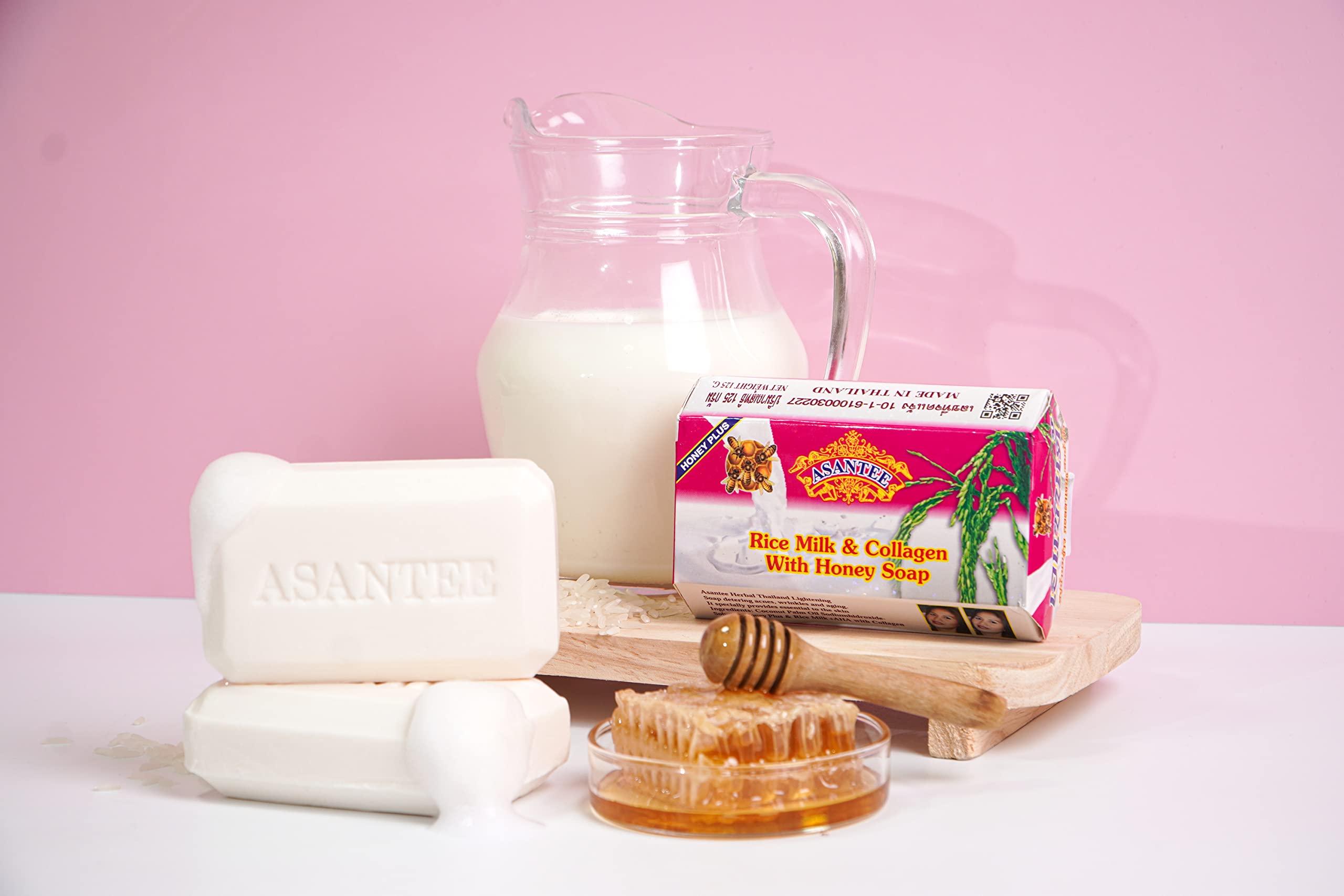 ASANTEE Rice Milk Collagen & Honey Body Soap - Moisturizing & Brightening Skin Care for Soft, Glowing Complexion - Long Lasting Fragrance - 125g for Daily Shower & Spa Relaxation
