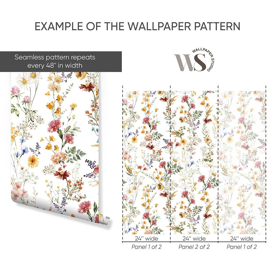 Elegant Red Yellow Wildflowers Wallpaper S074 - Floral Peel and Stick Wallpaper for Bedroom, Living Room, Nursery Decor - Self-Adhesive Removable Wallpaper