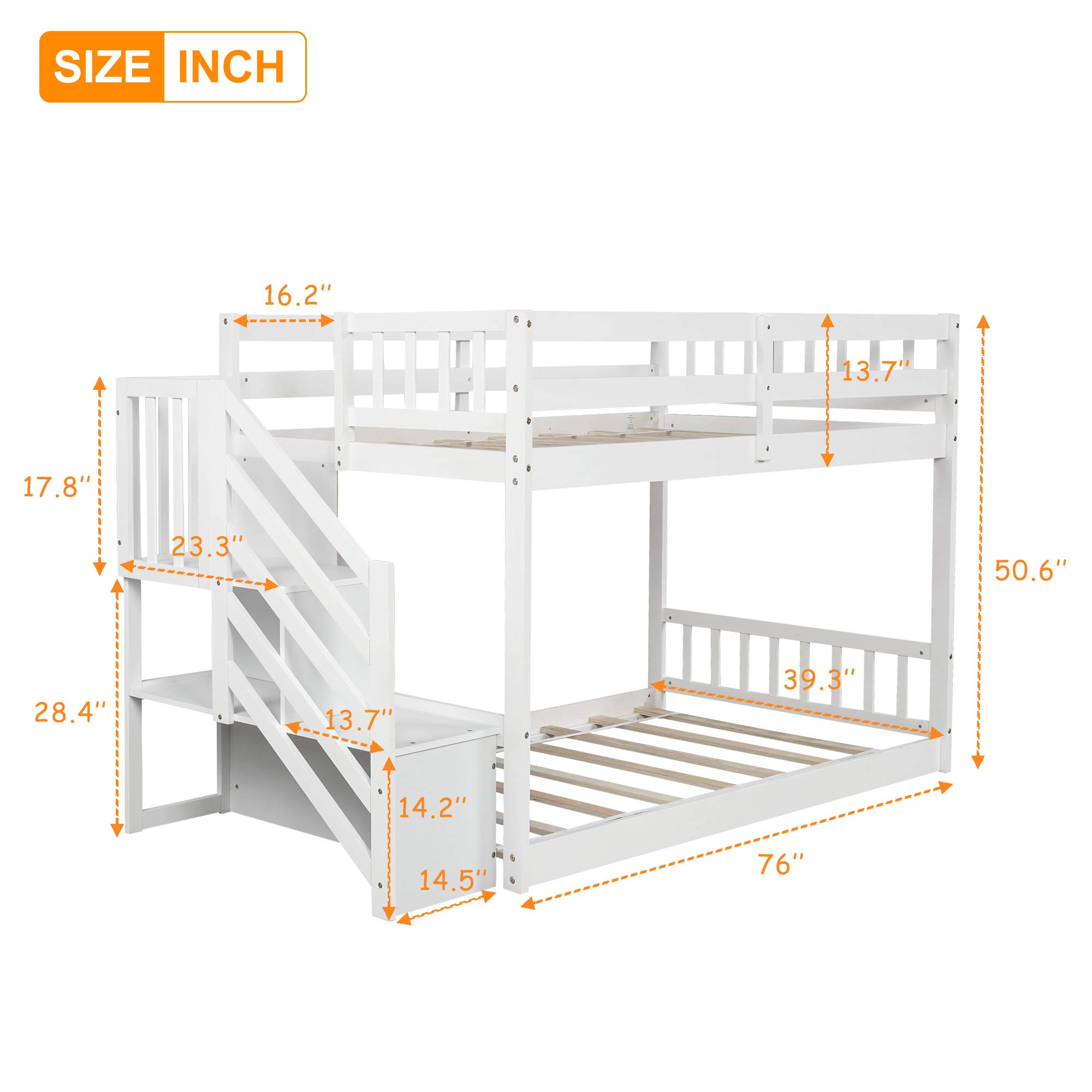 Twin Size Bunk Bed with Storage Staircase for Kids & Teens - Space-Saving White Bunk Bed, No Box Spring Needed - Perfect for Small Bedrooms, Guest Rooms & Dormitories