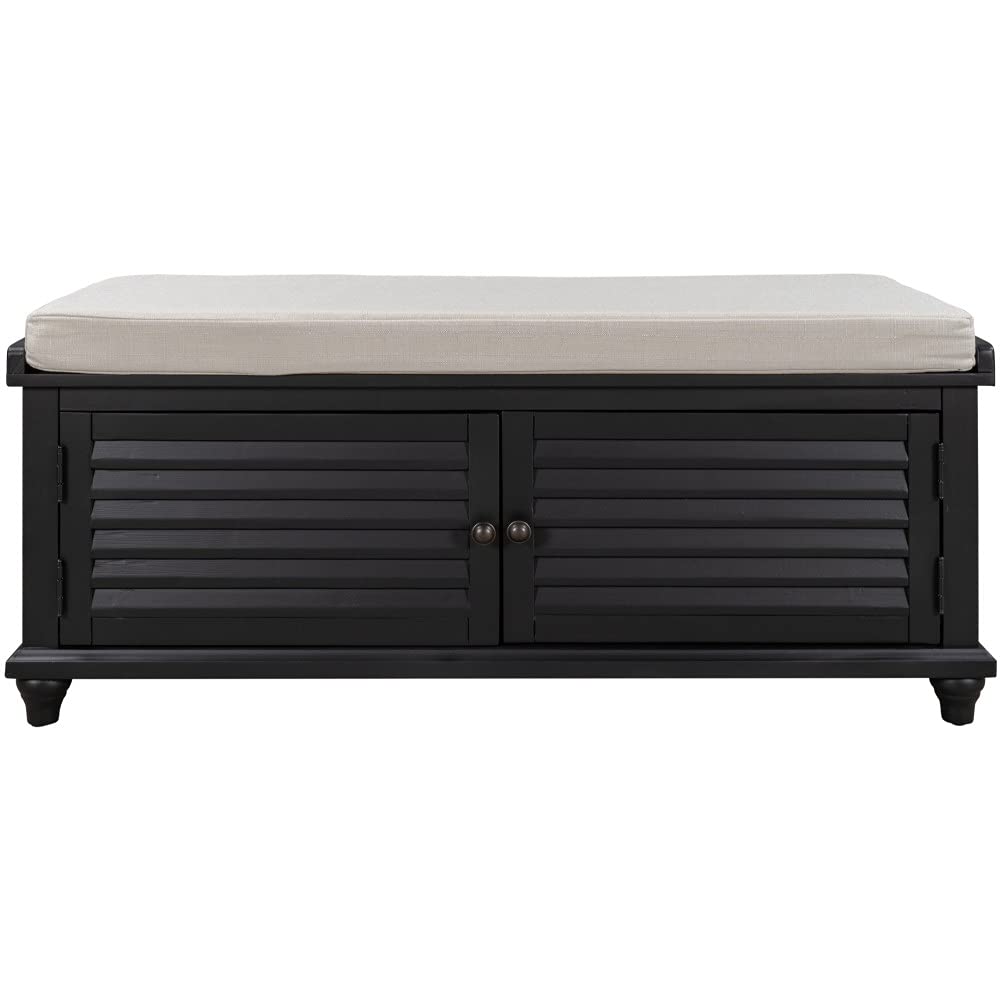 HKUDDAS Wooden Storage Bench with Removable Cushion - Shoe Bench with Louver Design for Entryway, Living Room, Bedroom - Perfect for Organizing Shoes, Blankets & Home Decor (Black)