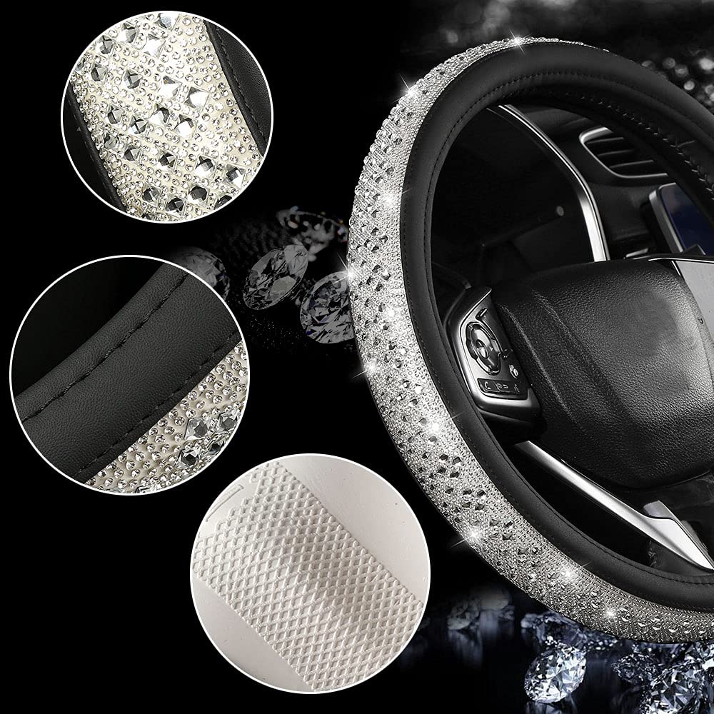 Sparkling Crystal Rhinestones Steering Wheel Cover - Bling Diamond Leather Car Accessories for Women & Girls | Universal 15 Inch Wheel Protector (White) | Luxury Car Interior Upgrade & Gift Idea for Her