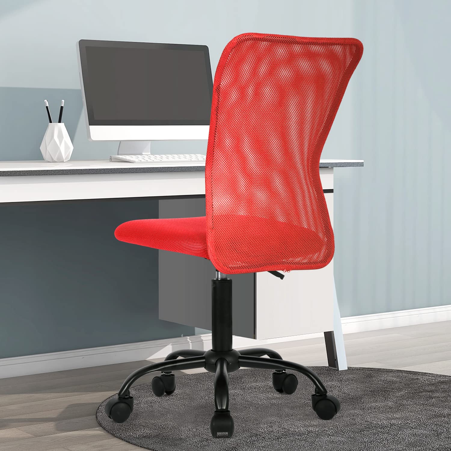 Ergonomic Mesh Office Chair - Adjustable Height, Mid Back Support, Swivel & Rolling Wheels - No Armrest Computer Desk Chair for Home Office, Students & Small Workspaces - Red