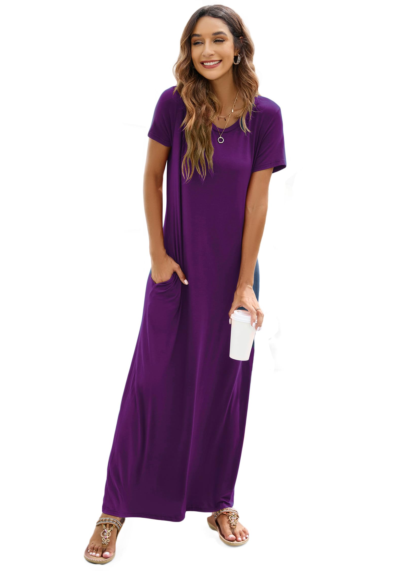 Hount Women's Summer Short Sleeve Maxi Dress - Casual Loose Beach Sundress with Pockets - Perfect for Vacation, Travel & Outdoor Activities 2025