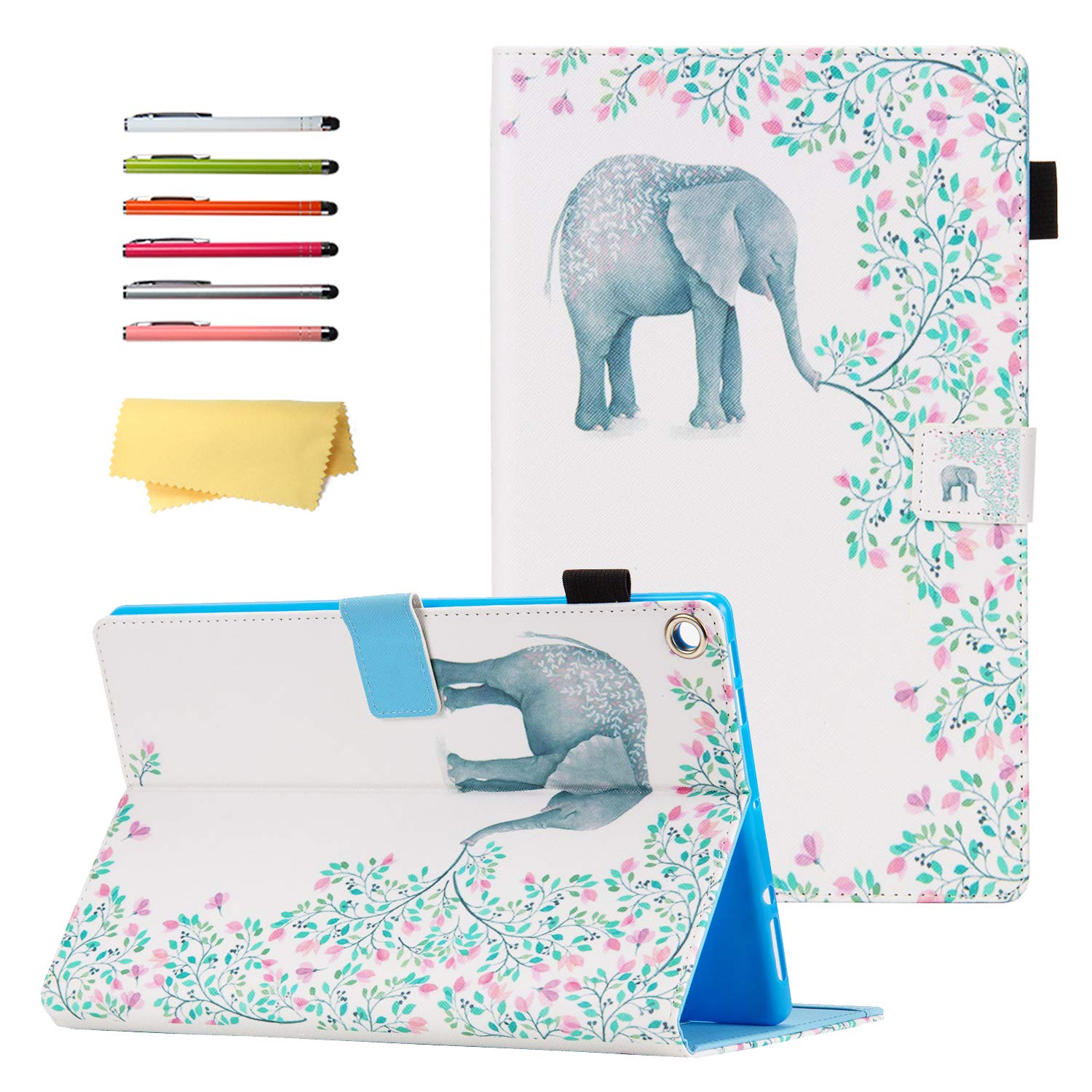 Premium Kindle Fire HD 10 Tablet Case (9th & 7th Gen 2019/2017) - 10.1 Inch PU Leather Smart Cover with Auto Sleep/Wake, Pencil Holder & Card Slots | Folio Stand Design in White Elephant Flower Pattern | Perfect for Work, Travel & Home Use