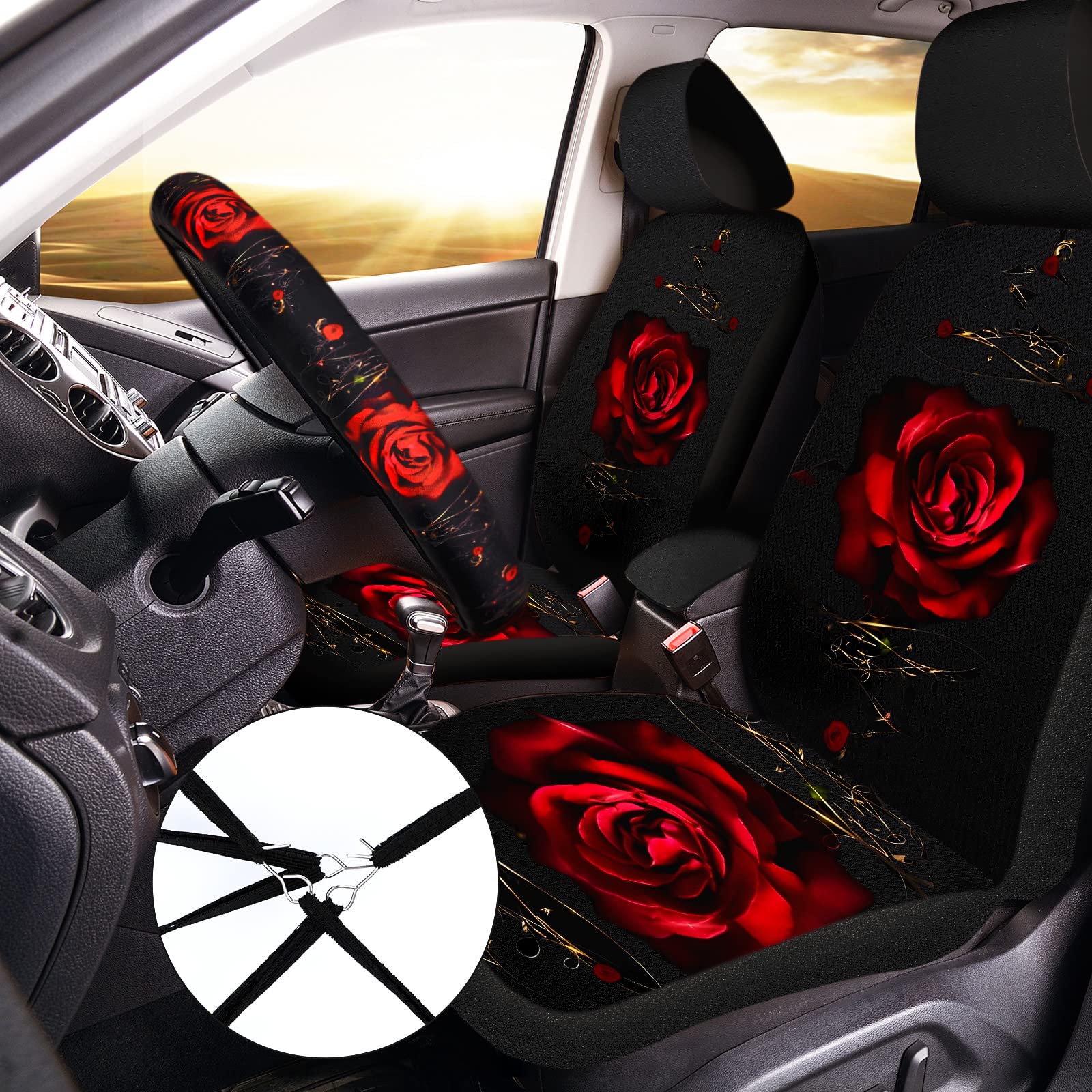 15-Piece Rose Flower Car Seat Cover Set for Women - Universal Fit with Steering Wheel & Armrest Covers - Premium Polyester Fabric (Red) - Perfect for Daily Commute, Road Trips & Car Interior Decoration