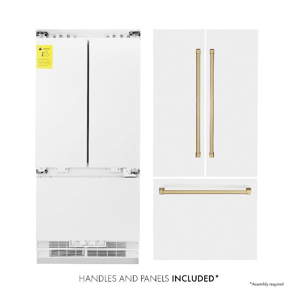 ZLINE Autograph Edition 36 Inch French Door Built-In Refrigerator - 19.6 cu ft Capacity, Bottom Freezer, Water Dispenser & Ice Maker - White Matte with Champagne Bronze Accents (RBIVZ WM 36 CB) | Perfect for Modern Kitchens, Open-Concept Homes & Luxury Appliance Upgrades
