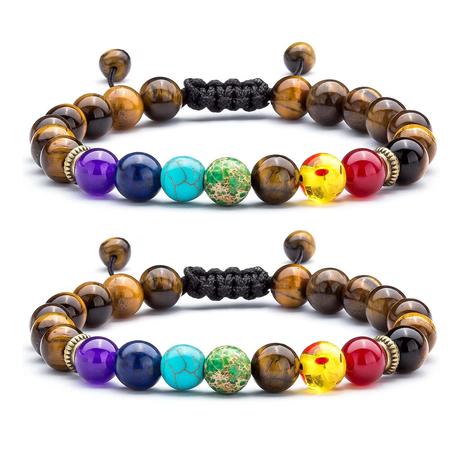 2 Pack 7 Chakra Bracelet - 8mm Lava Stone Yoga Beads Adjustable Bracelet for Stress Relief, Anxiety & Aromatherapy | Essential Oil Diffuser Healing Bracelet for Men & Women | Meditation, Yoga & Spiritual Healing Accessory
