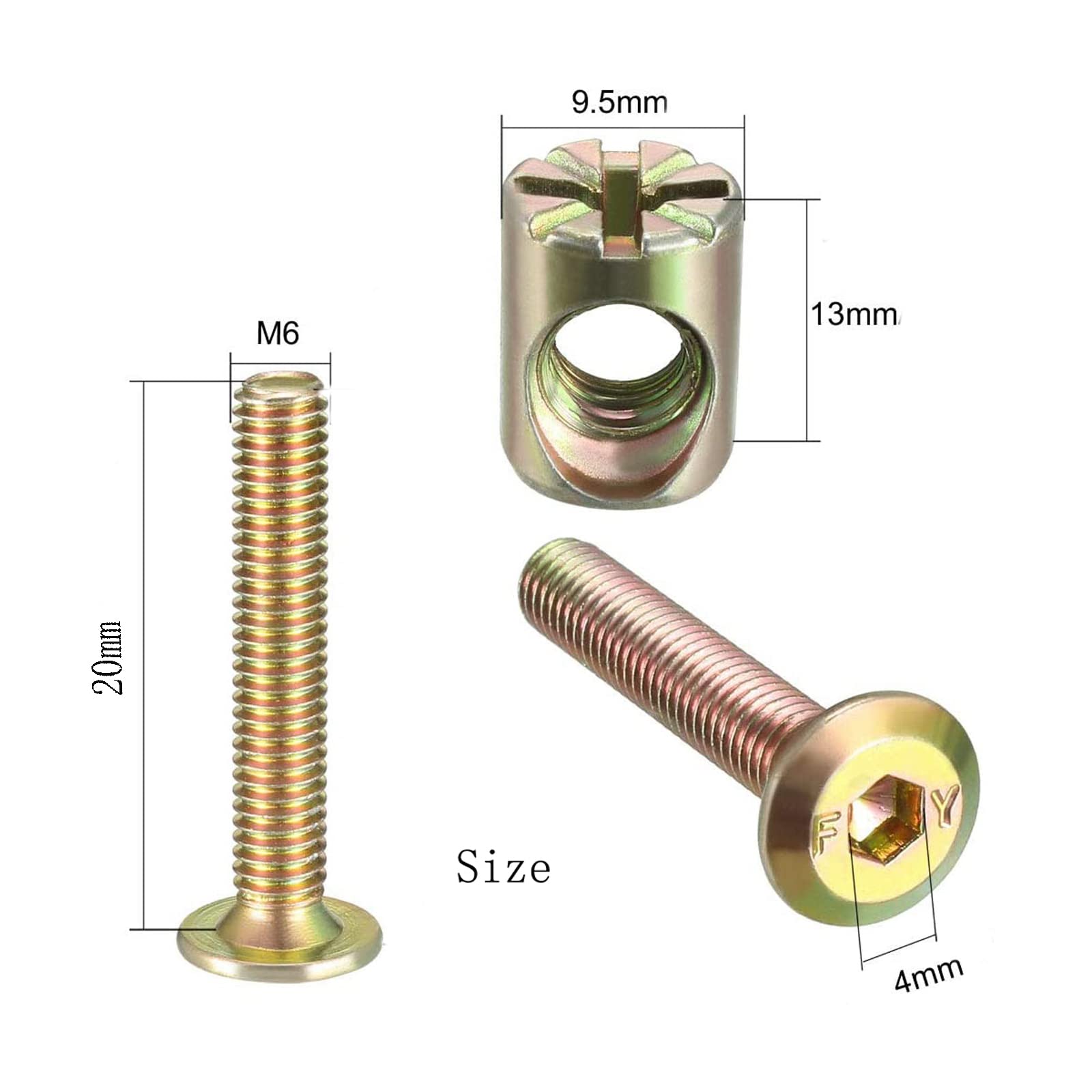 10-Piece Zinc Plated Hexagonal Screw Set with L-Key for Furniture, Cribs, Beds, and Chairs - M6 x 20mm - Durable Fasteners for Home Assembly & DIY Projects