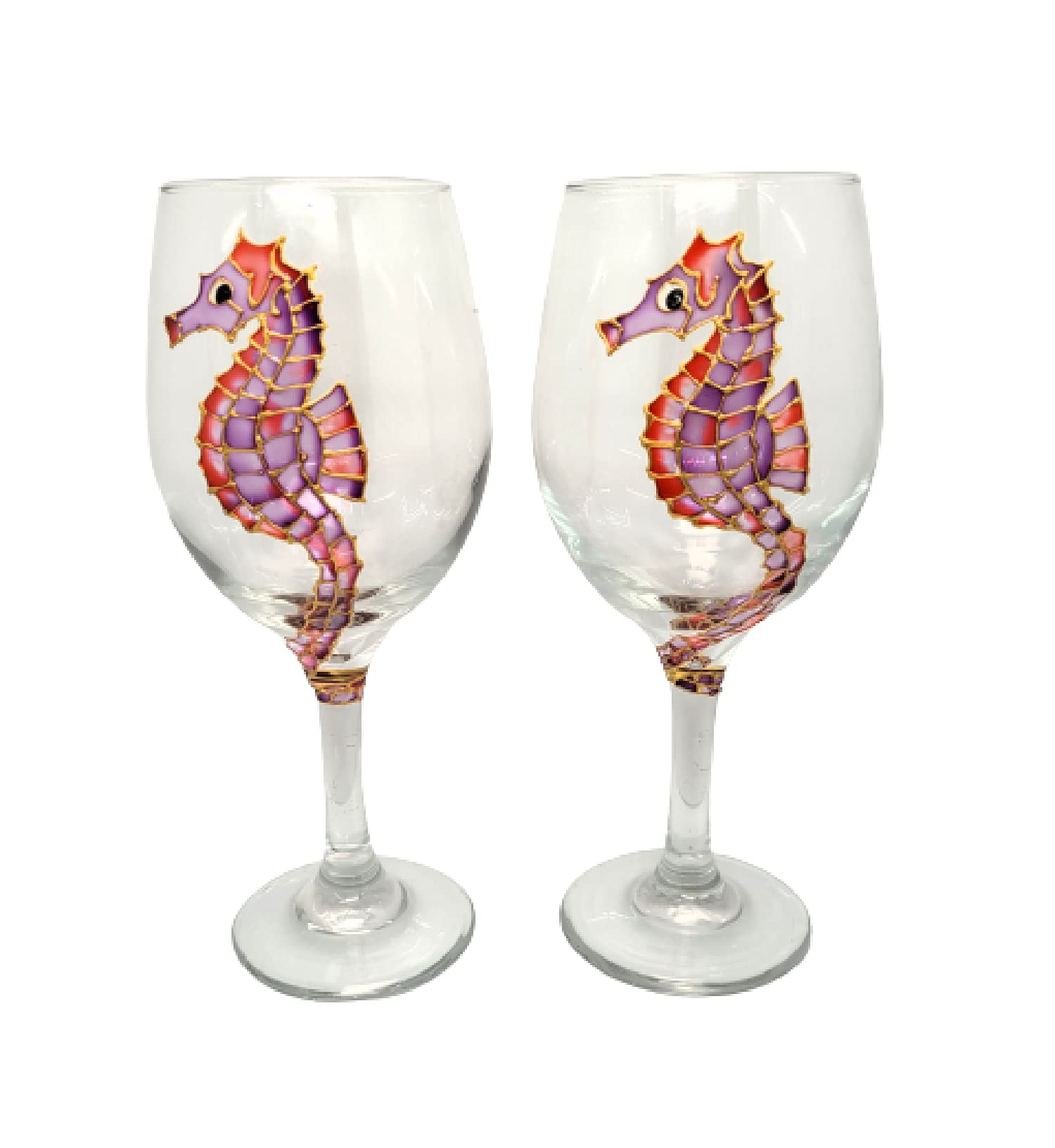 Hand Painted Seahorse Purple Wine Glasses Set of 2 - Elegant Stemware for Romantic Dinners, Wedding Gifts & Home Decor