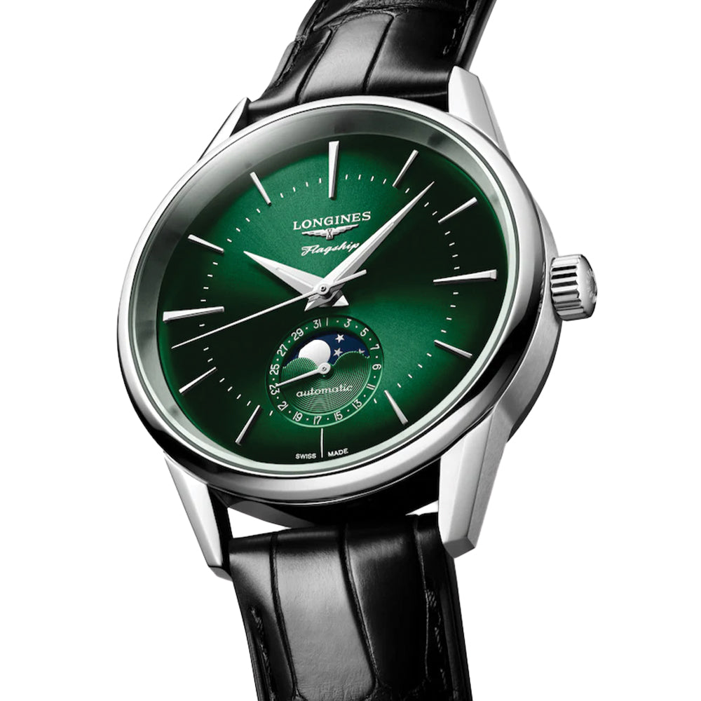 Flagship Heritage Moonphase 38.5mm Automatic Watch - Sunray Green Dial, Stainless Steel Case | Perfect for Business, Formal Events & Luxury Gift Giving