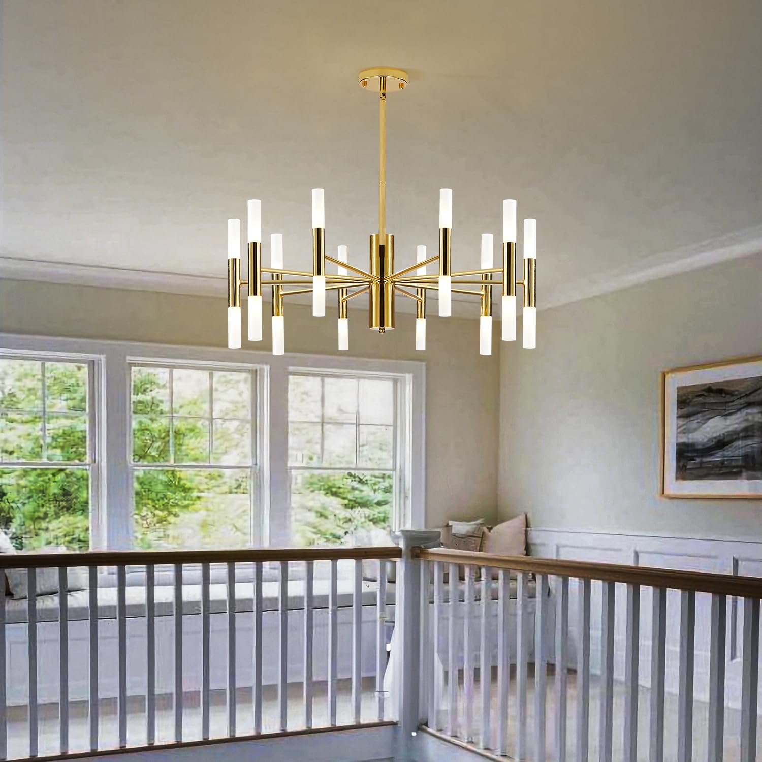 BOKT Modern 20-Light LED Sputnik Chandelier - Mid Century Pendant Light with Acrylic White Shades & Gold Finish - Semi Flush Mount Ceiling Fixture for Dining Room, Living Room, Bedroom (Small Size)