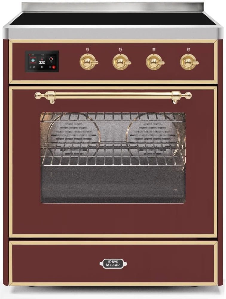 ILVE Majestic II 30 Inch Electric Range with Brass Trim - Burgundy Color UMI30NE3BUG | Professional Kitchen Appliance for Home Chefs & Cooking Enthusiasts