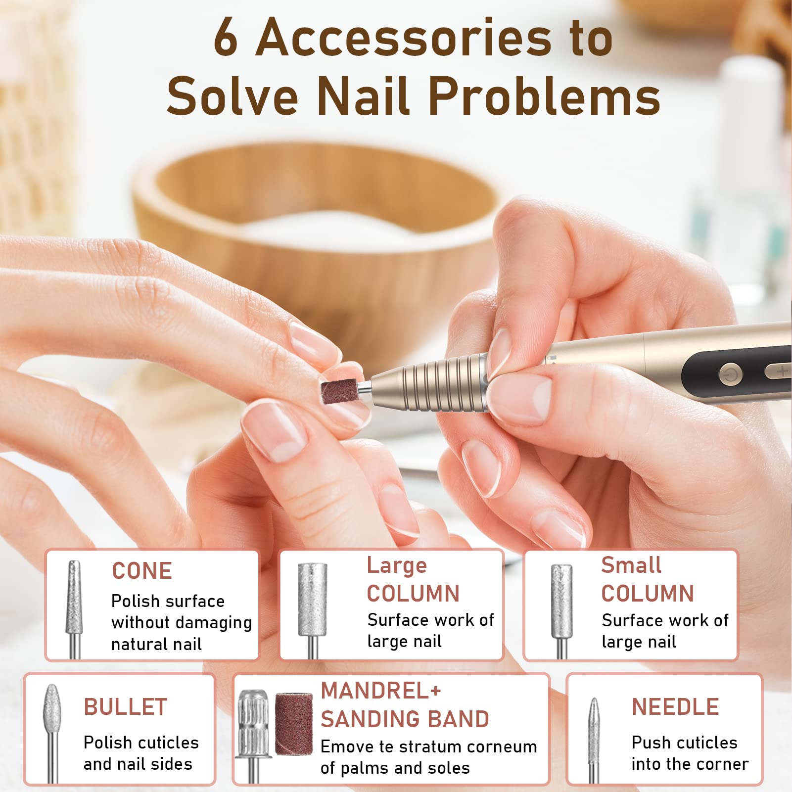 Professional 6-in-1 Cordless Nail Drill Kit - 30000 RPM Rechargeable Electric Nail File for Acrylic Nails, Manicure & Pedicure | Portable Nail Art Tool for Home & Salon Use