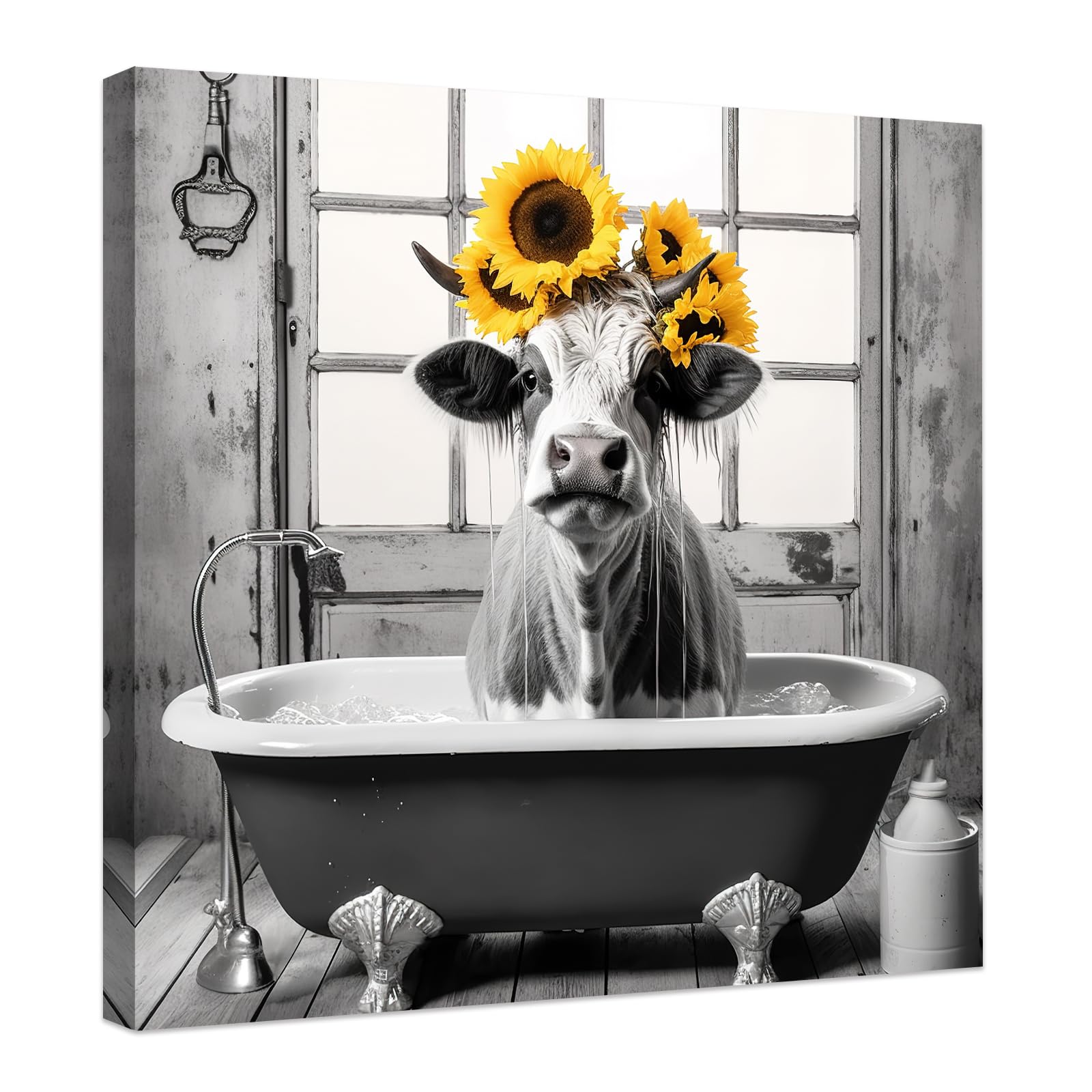 Funny Cow in Bathtub with Sunflowers Canvas Print - 12x12 Inch Framed Bathroom Wall Art Decor for Toilet, Farmhouse & Kids Room - Perfect Gift for Animal Lovers