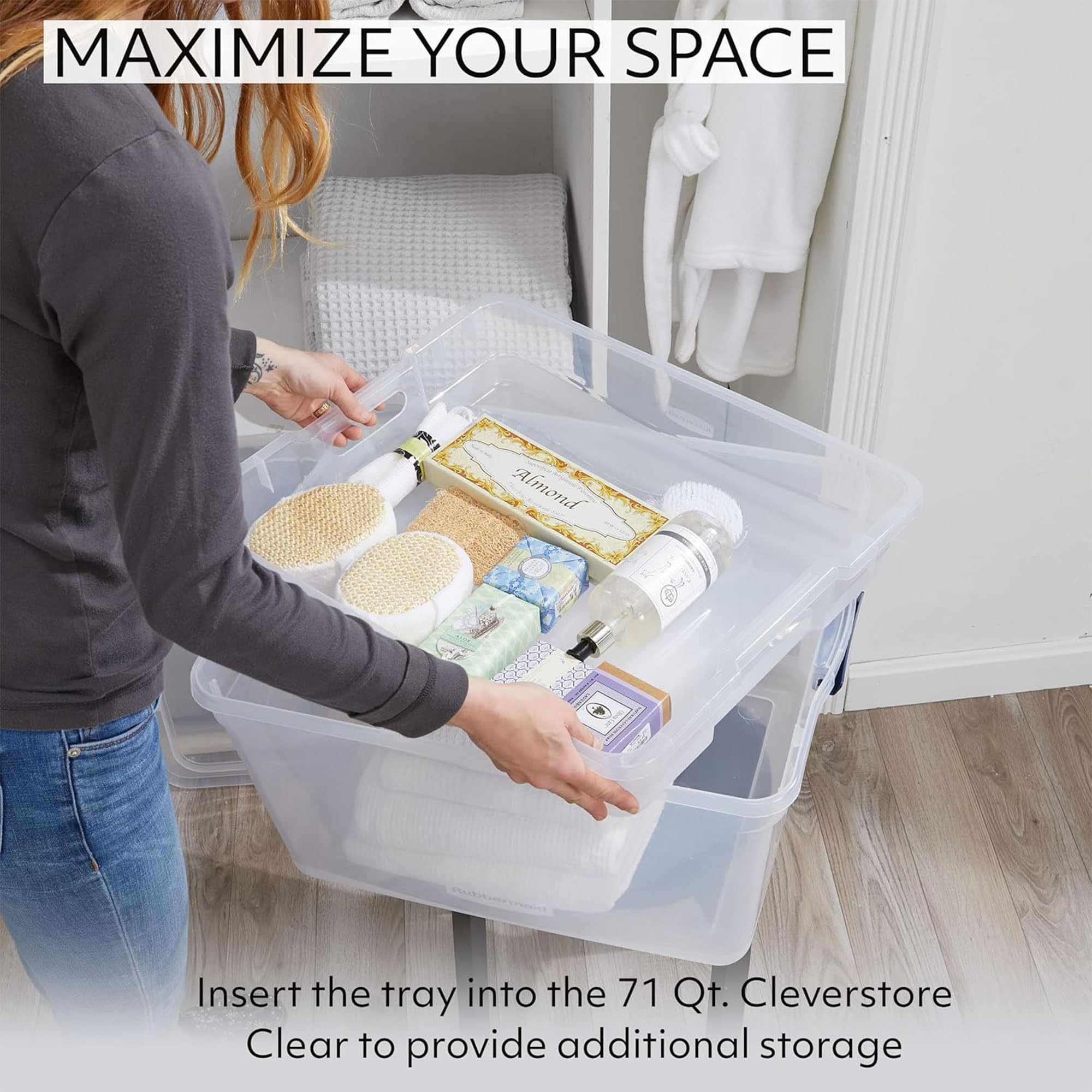 Rubbermaid Cleverstore 74 Qt Clear Plastic Storage Bins with Secure Latching Lids & Nesting Trays - 4-Pack Stackable Organizer Containers, BPA-Free, Made in USA - Perfect for Home, Office, Garage & Closet Organization