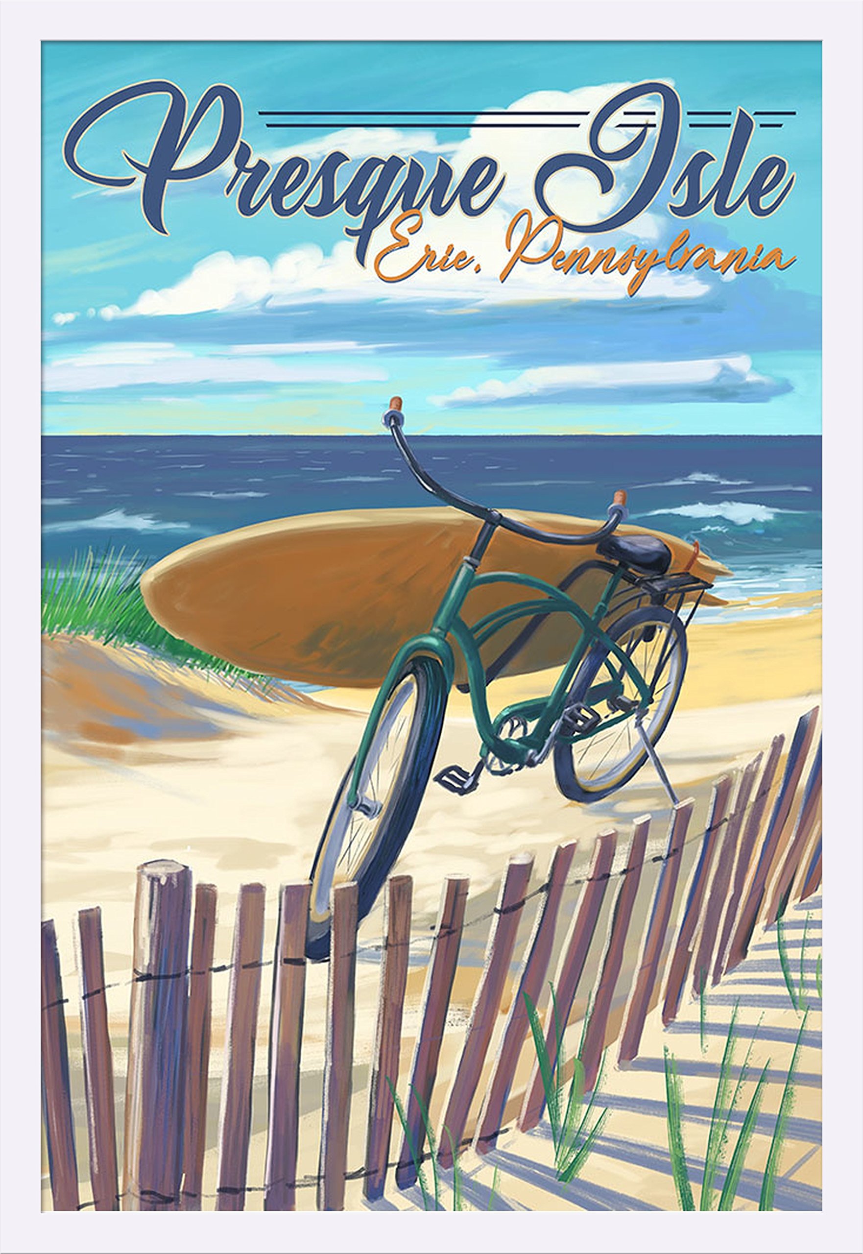 Presque Isle Pennsylvania Beach Cruiser Bicycle Art Print - 24x36 Giclee on Canvas, Gallery Framed in White Wood - Coastal Decor for Living Room, Bedroom or Office Wall Art