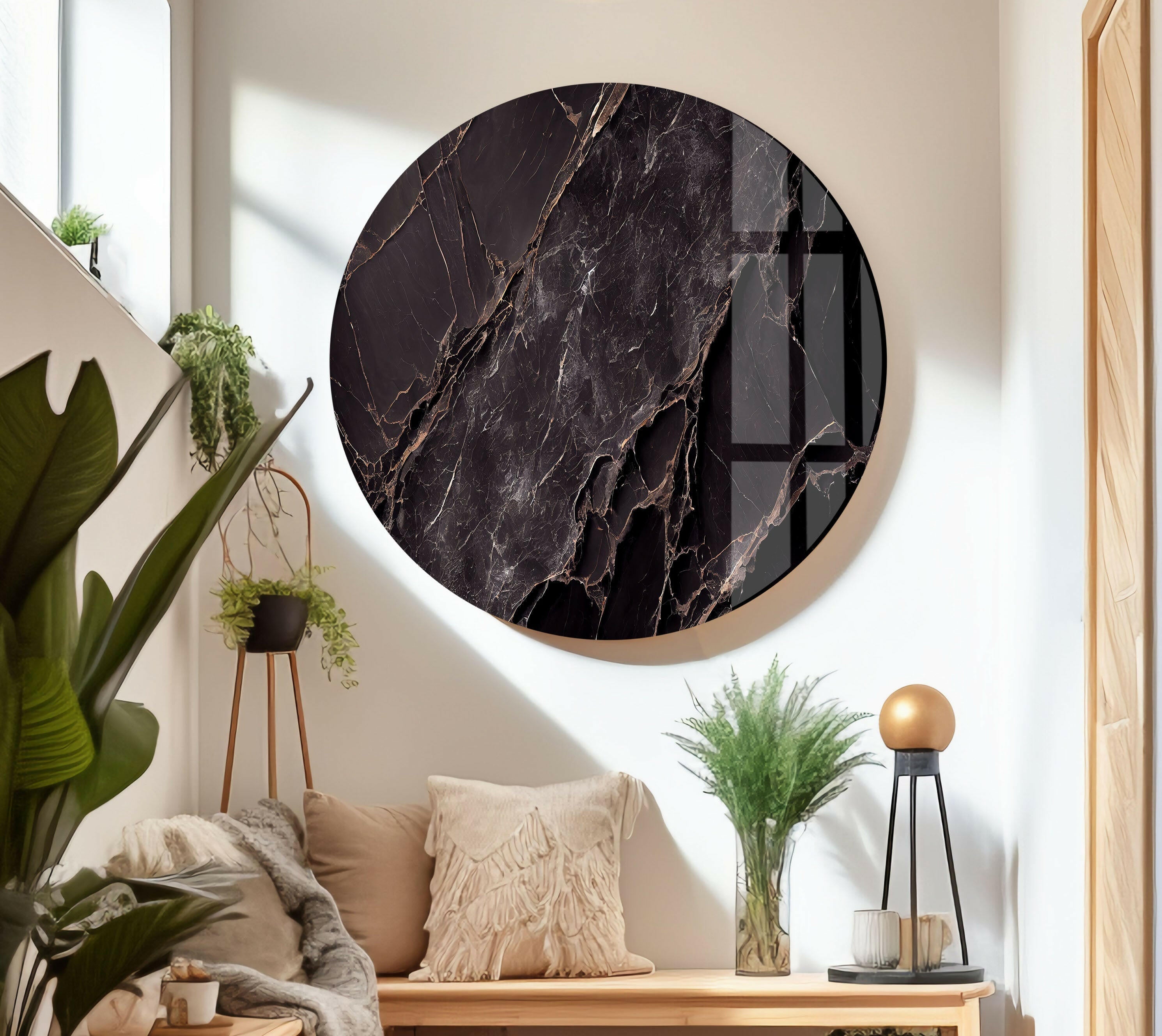 Black Marble Natural Abstract Glass Wall Art - Modern Home Decor for Living Room, Bedroom & Office | Elegant Glass Wall Sculpture for Contemporary Interior Design